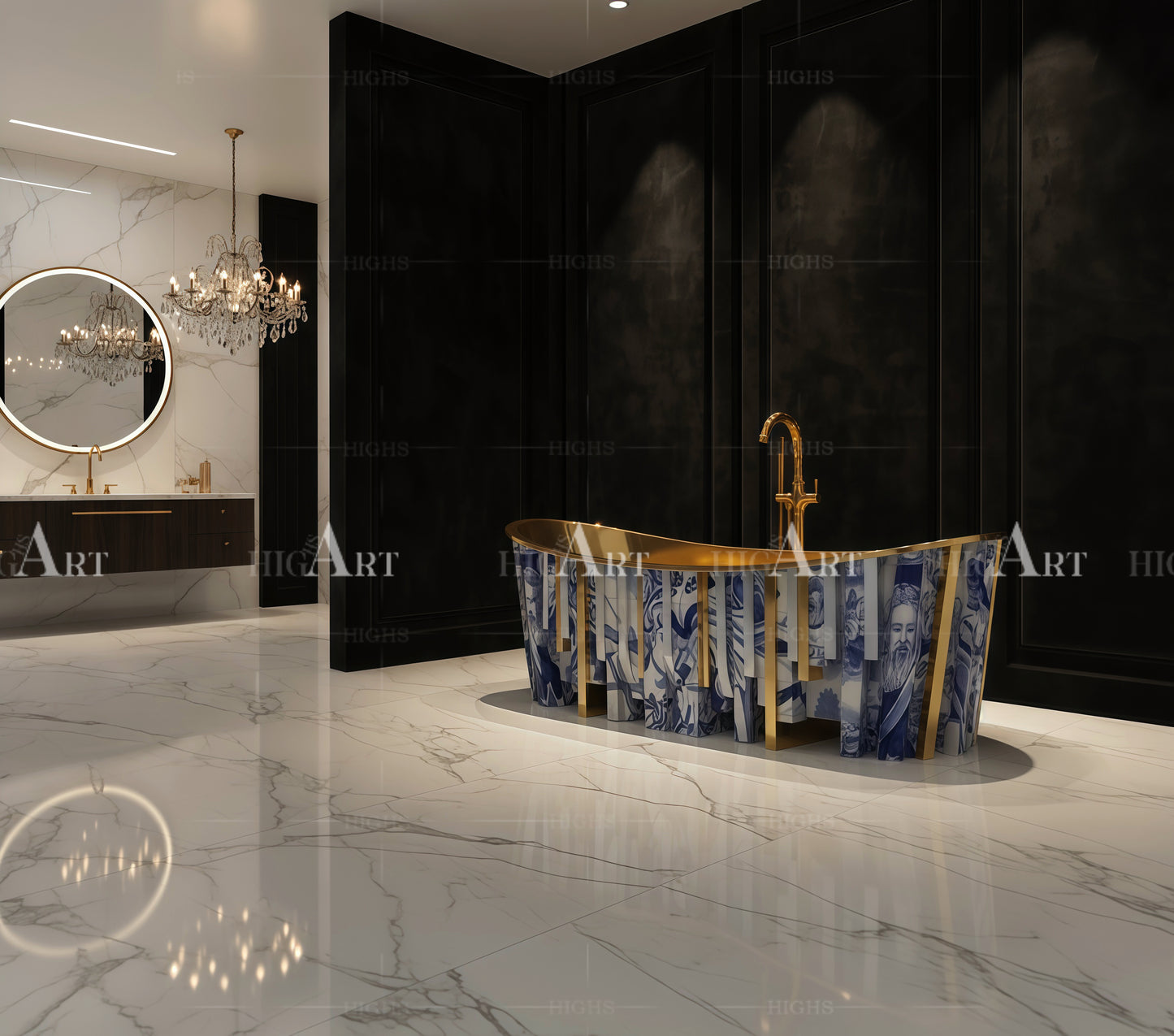 Blue and white porcelain luxury bathtub Unique hand-painted textures