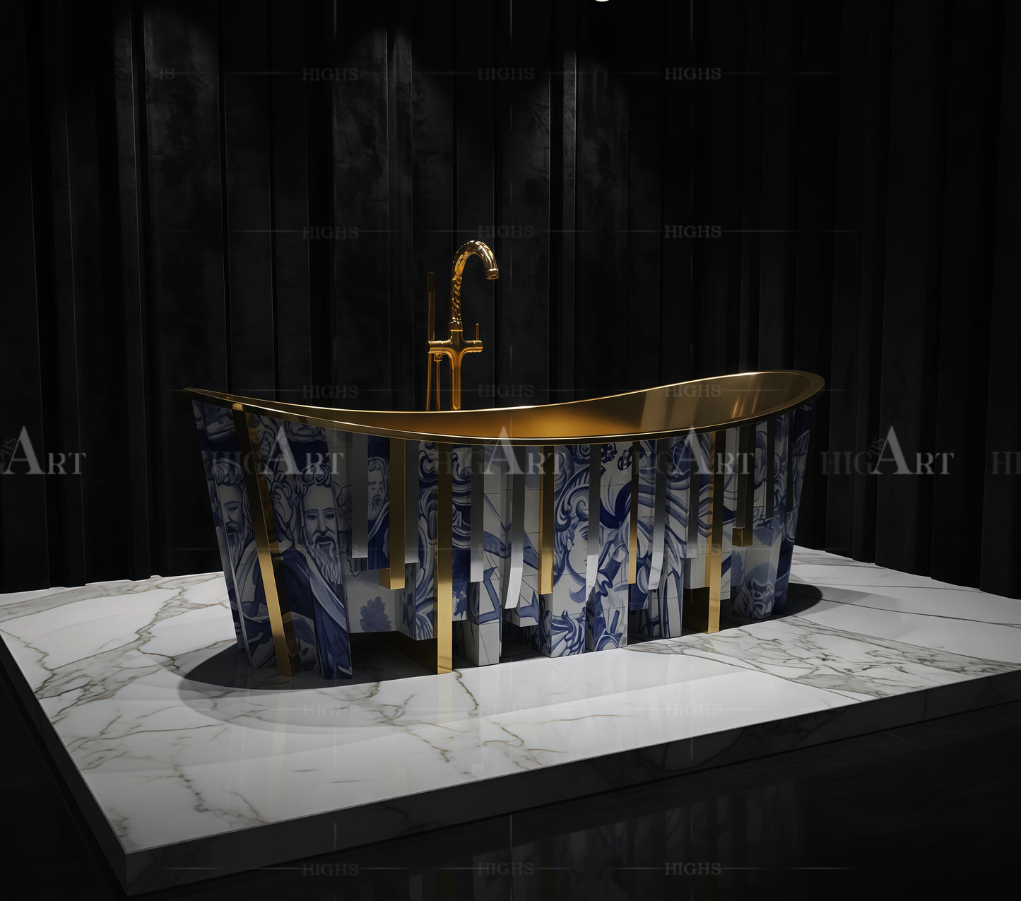 Blue and white porcelain luxury bathtub Unique hand-painted textures