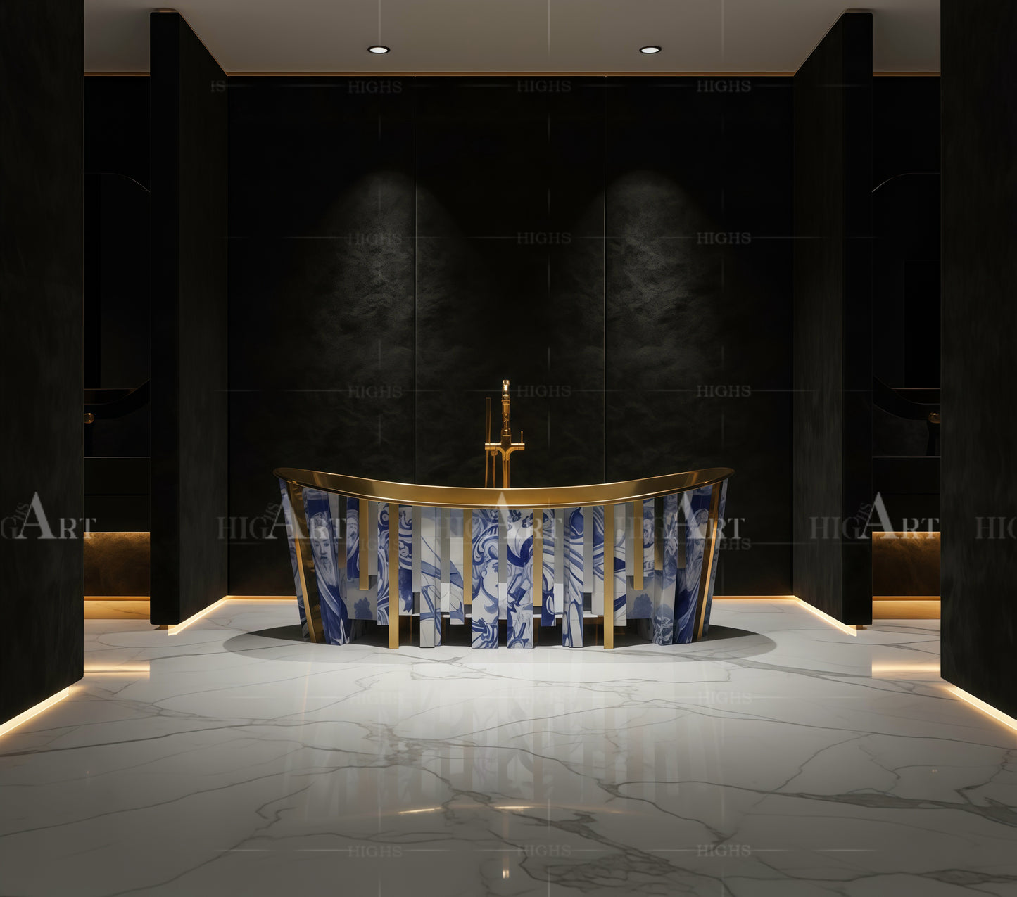 Blue and white porcelain luxury bathtub Unique hand-painted textures