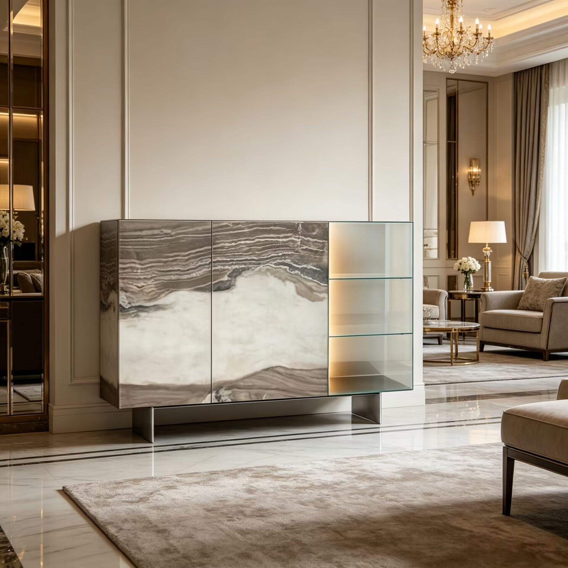 36E8 Glass Upscale Marble Artistic Simple Glass Display Sideboard