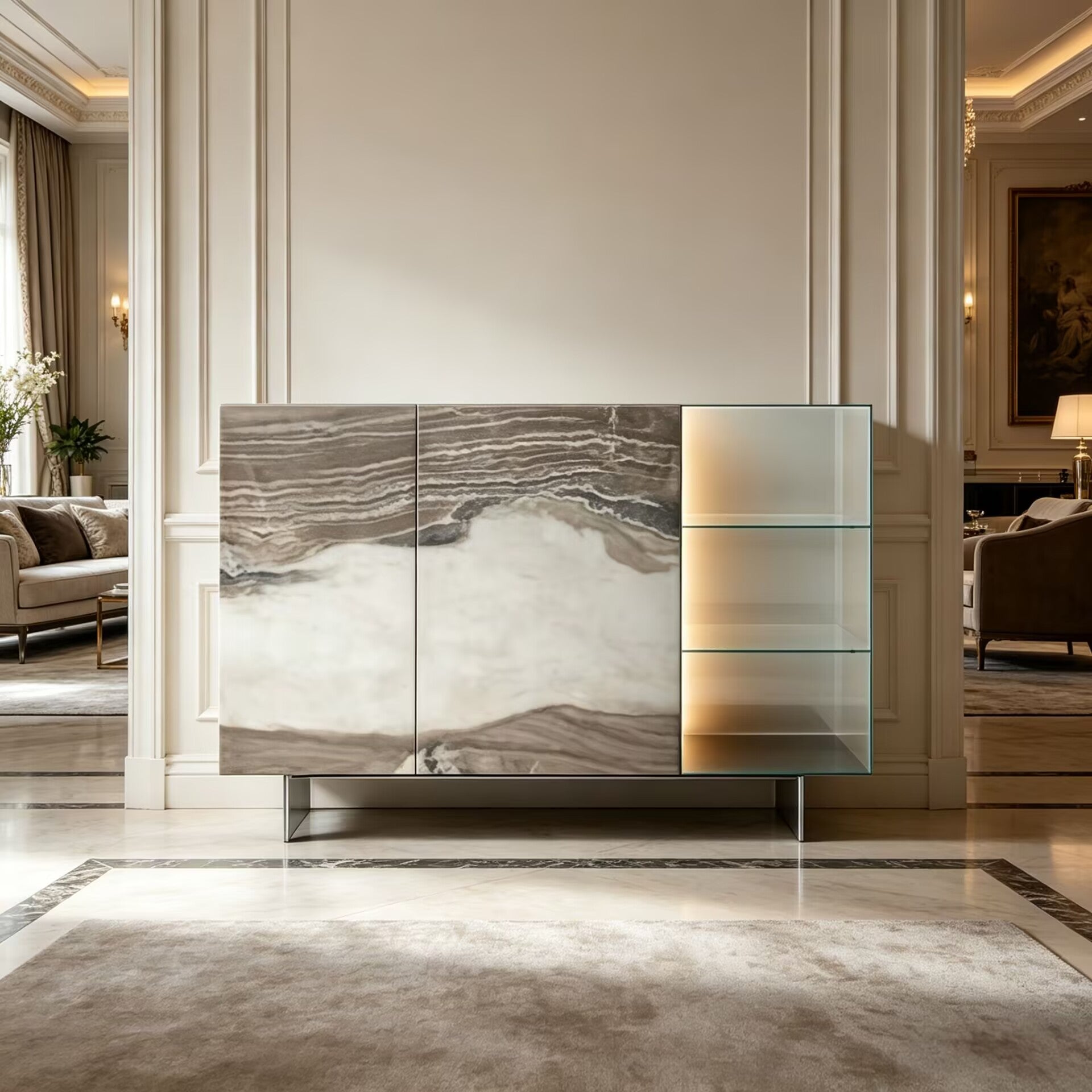36E8 Glass Upscale Marble Artistic Simple Glass Display Sideboard