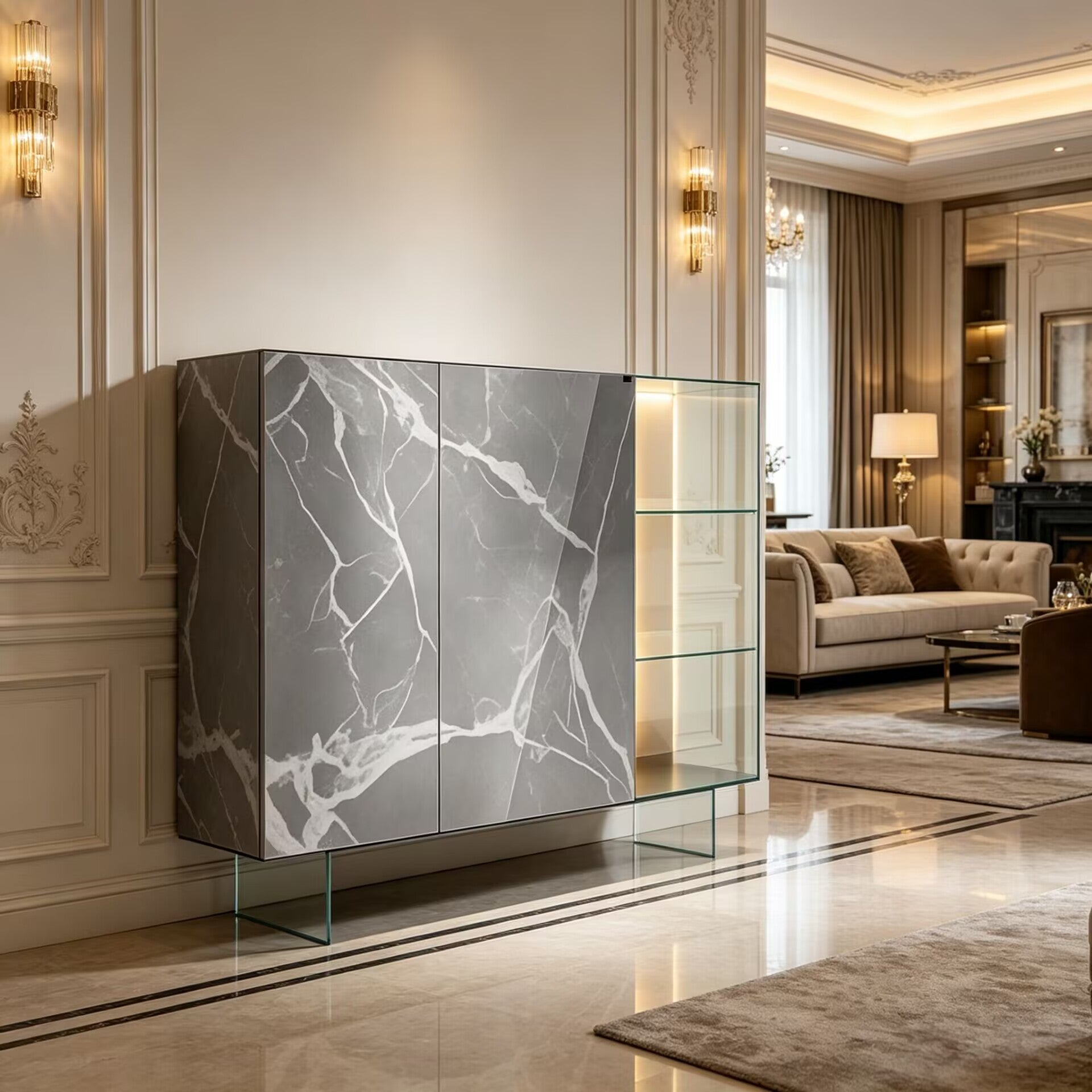 36E8 Glass Upscale Marble Artistic Simple Glass Display Sideboard