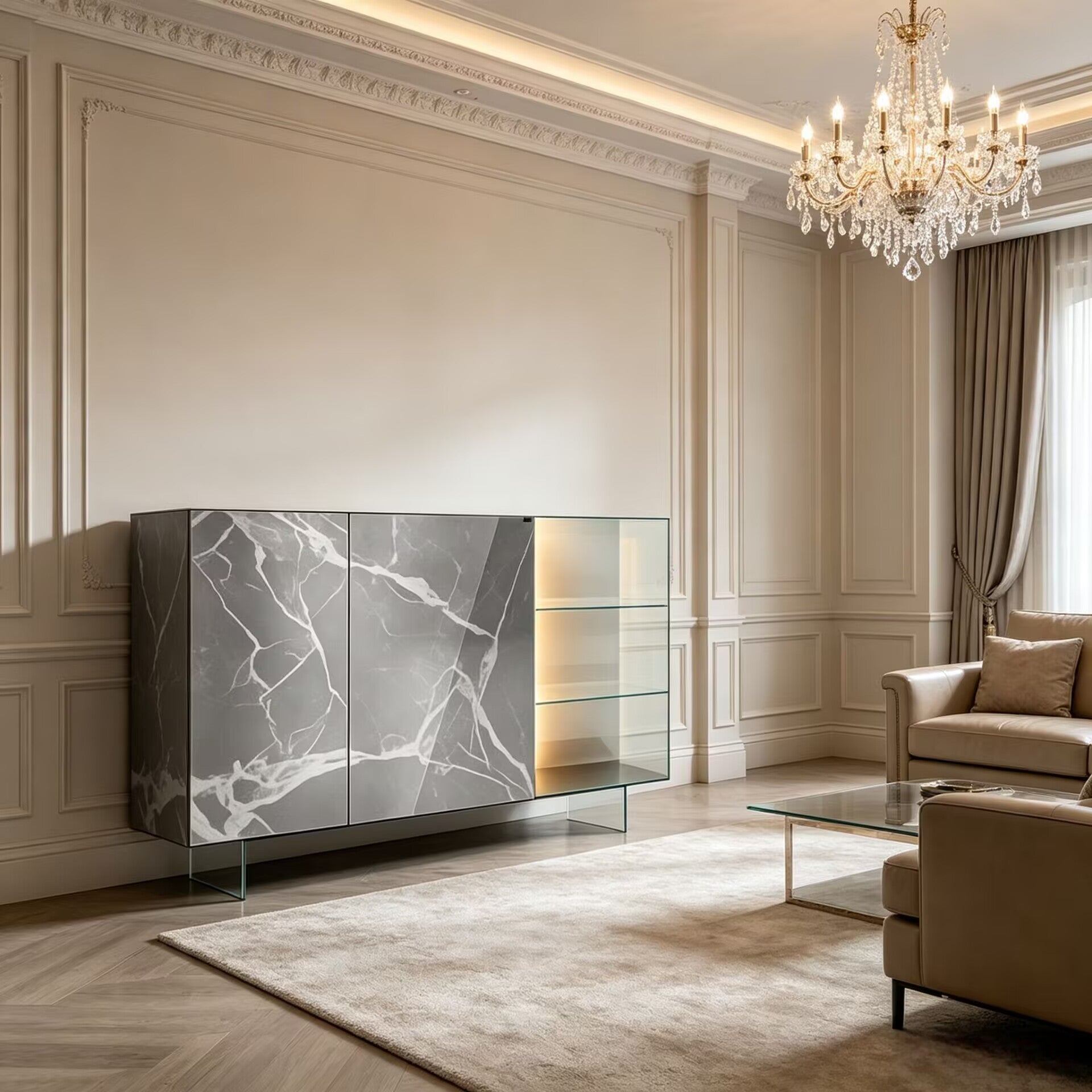 36E8 Glass Upscale Marble Artistic Simple Glass Display Sideboard