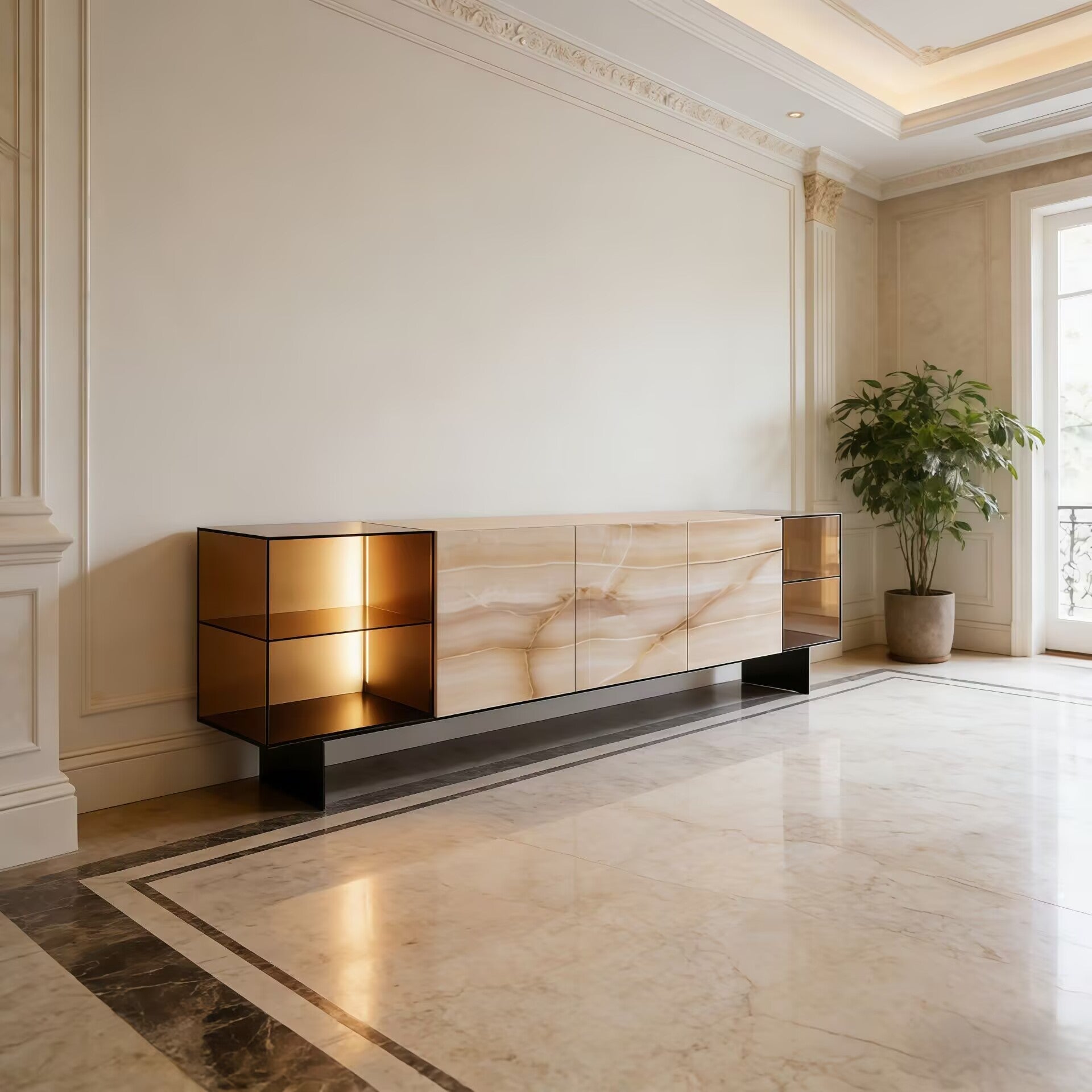 36E8 Glass Luxury Stainless Steel Modern Artistic Marble Sideboard