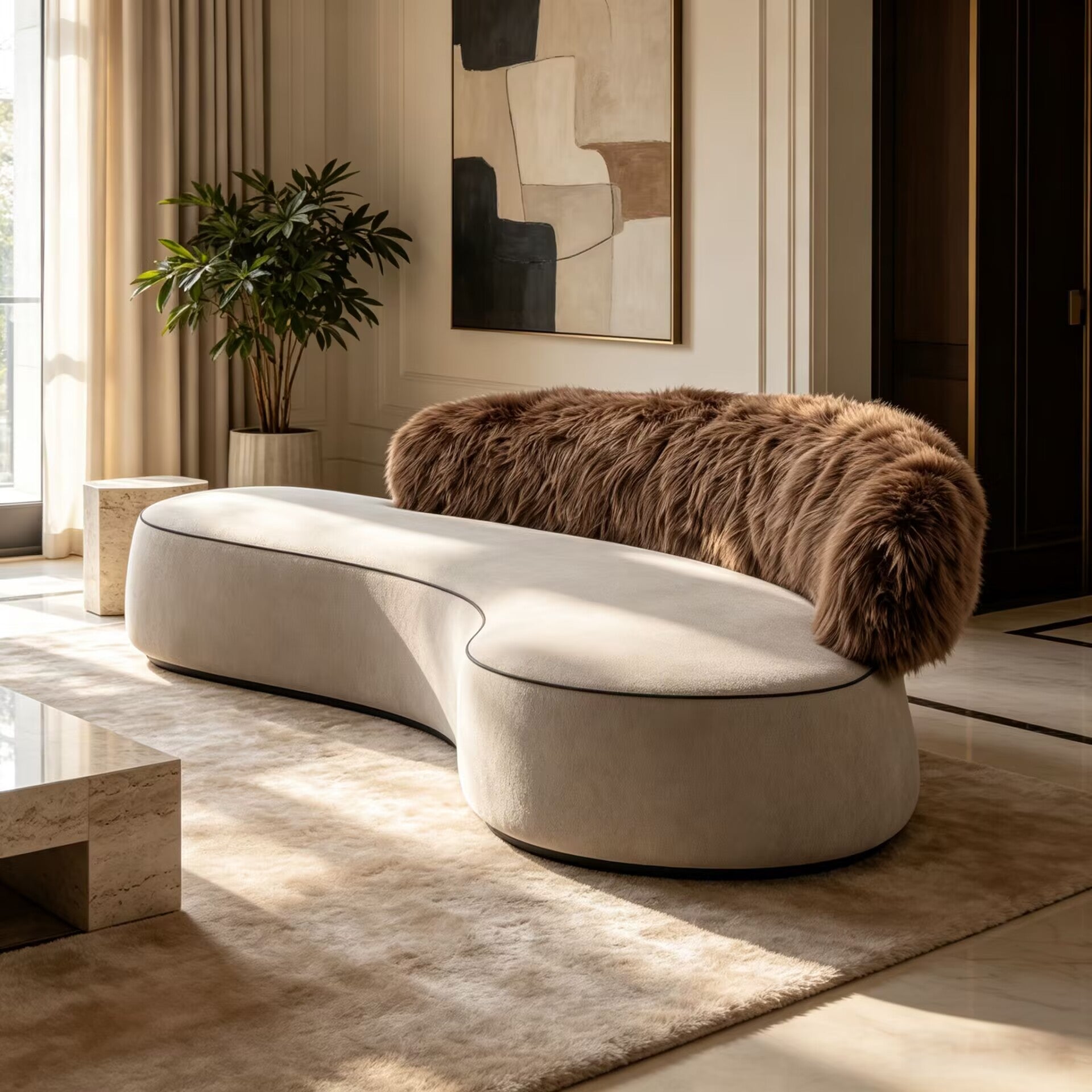 Villa Living Room Unique Creativity Curved Artistic Plush Fabric Sofa