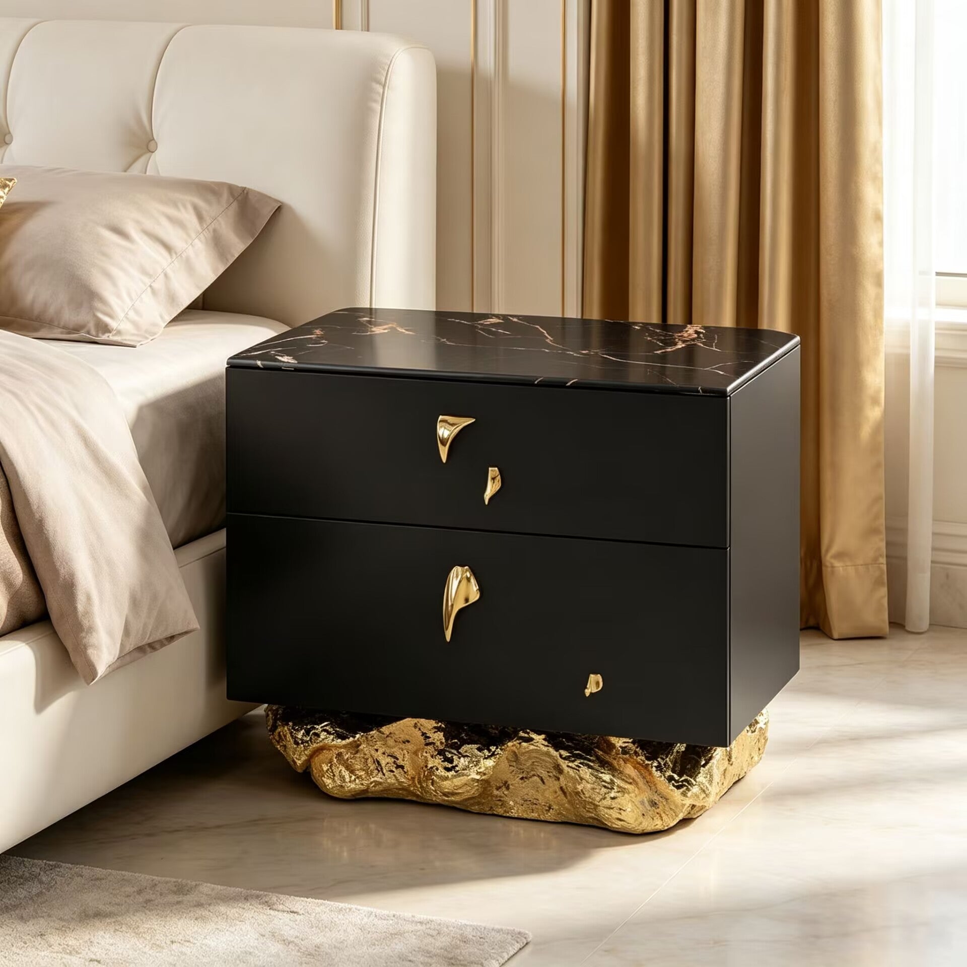 Angra Upscale Art Brass Minimalist Solid Wood Small Nightstand