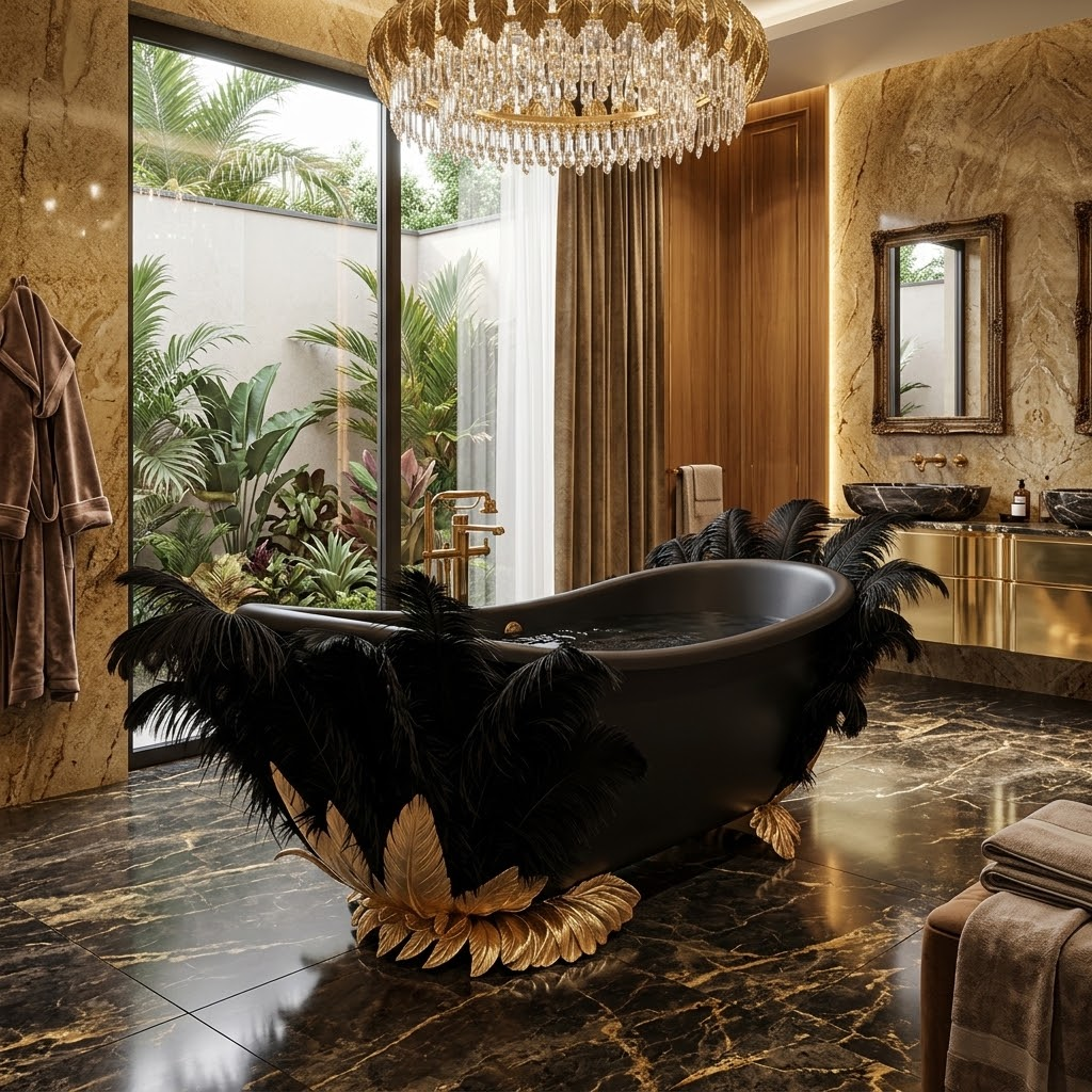 High Quality Luxurious Art Black Gold Feather Customize Bathtub