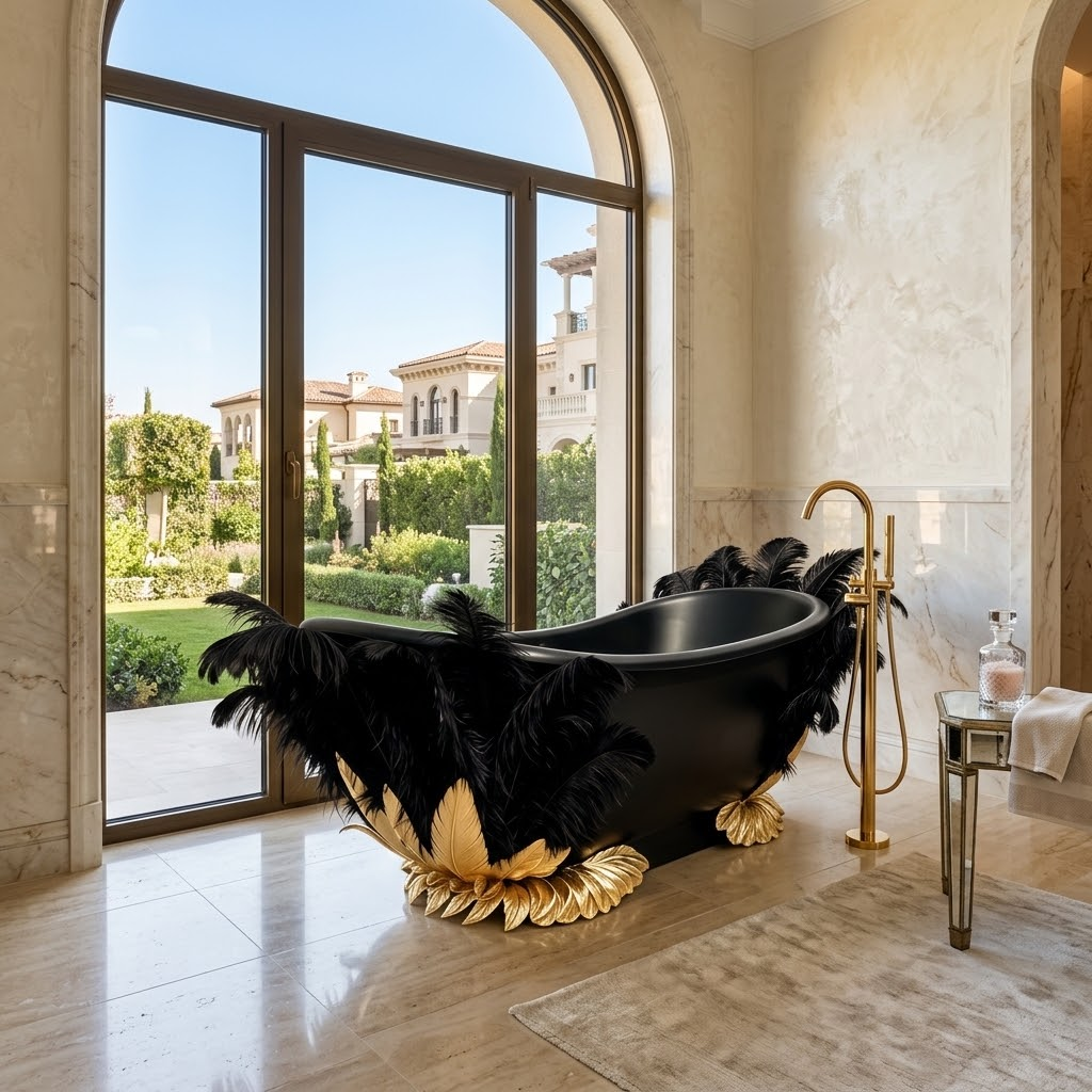 High Quality Luxurious Art Black Gold Feather Customize Bathtub