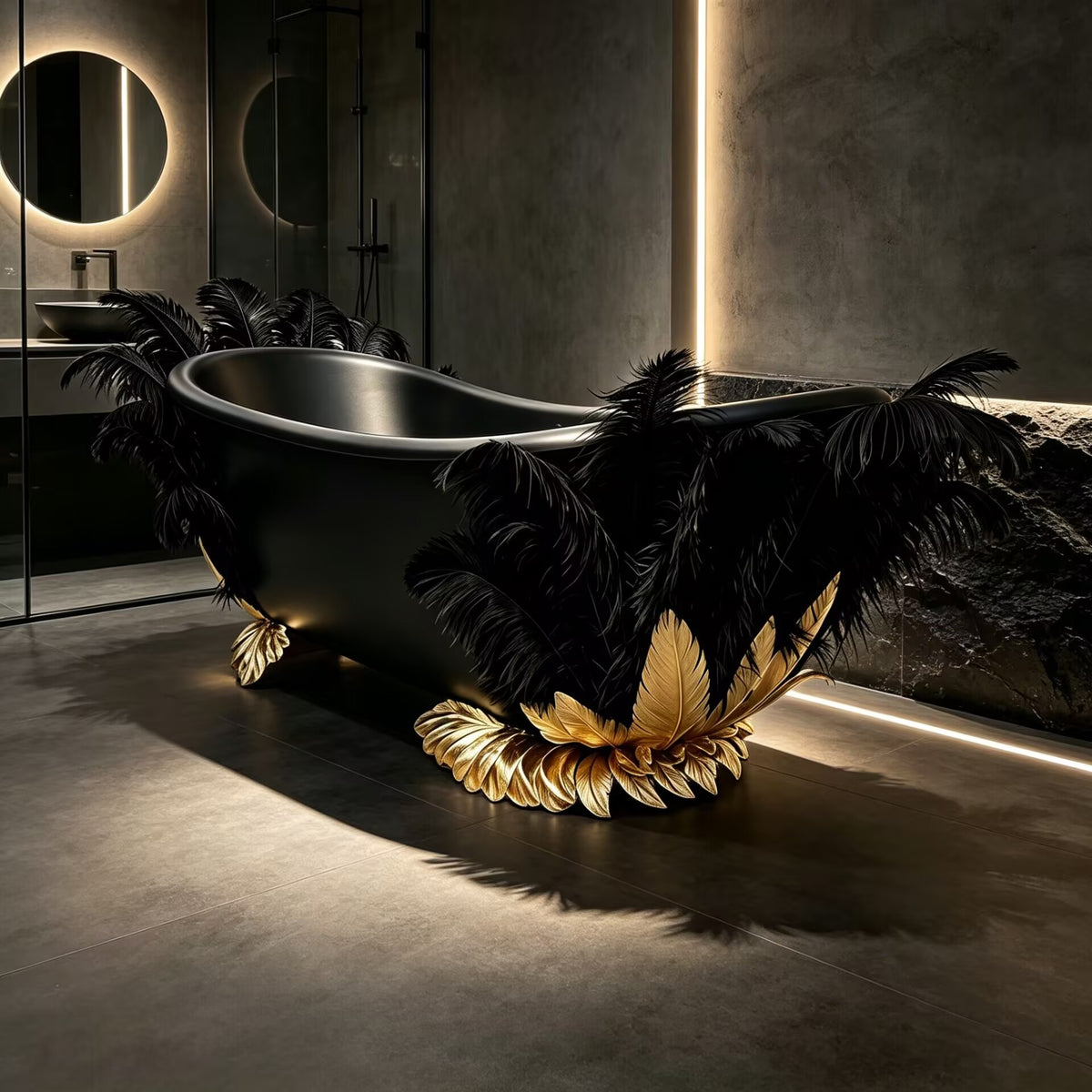 High Quality Luxurious Art Black Gold Feather Customize Bathtub