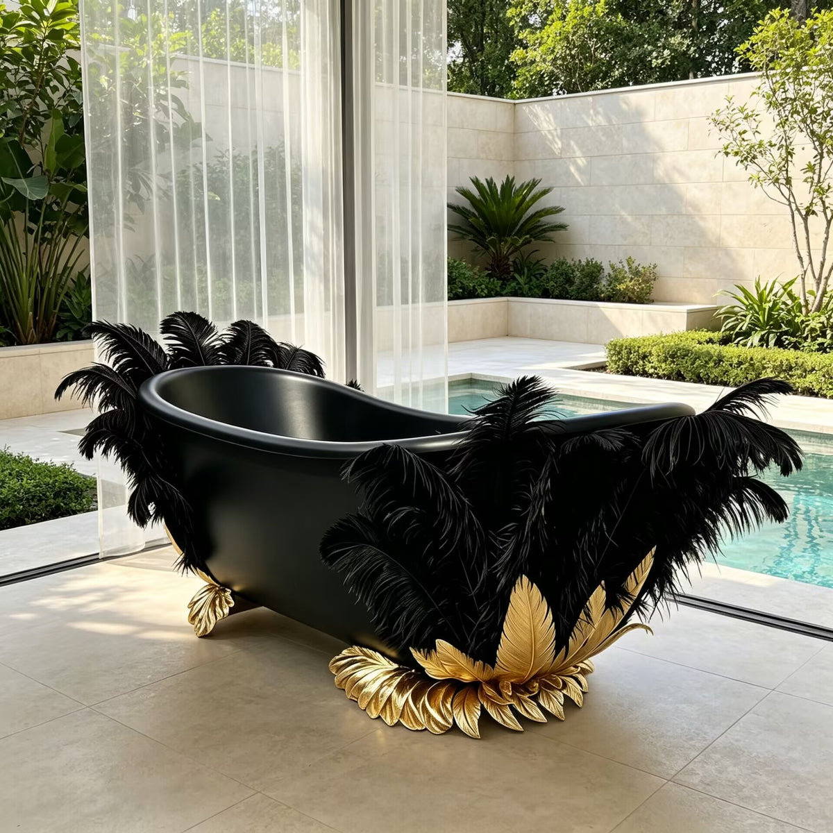 High Quality Luxurious Art Black Gold Feather Customize Bathtub