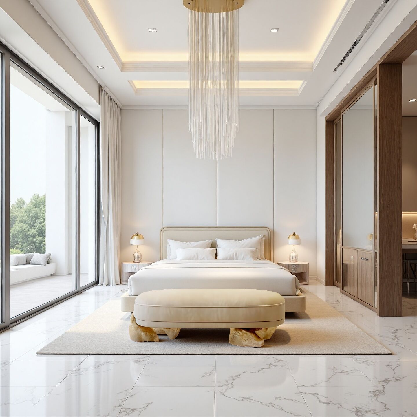 Luxury Designer Villa Bedroom Brass High End Fabric Bed End Bench