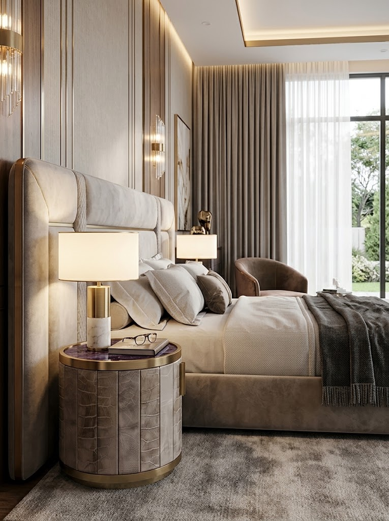 Luxurious Marble Upscale Unique Genuine Leather Bedside Table