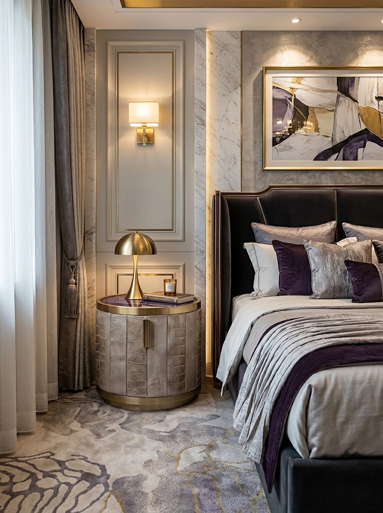Luxurious Marble Upscale Unique Genuine Leather Bedside Table