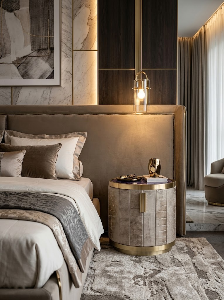 Luxurious Marble Upscale Unique Genuine Leather Bedside Table