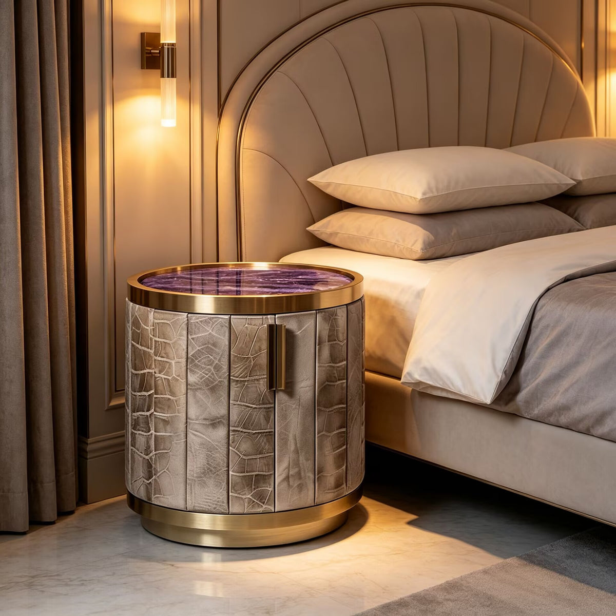 Luxurious Marble Upscale Unique Genuine Leather Bedside Table