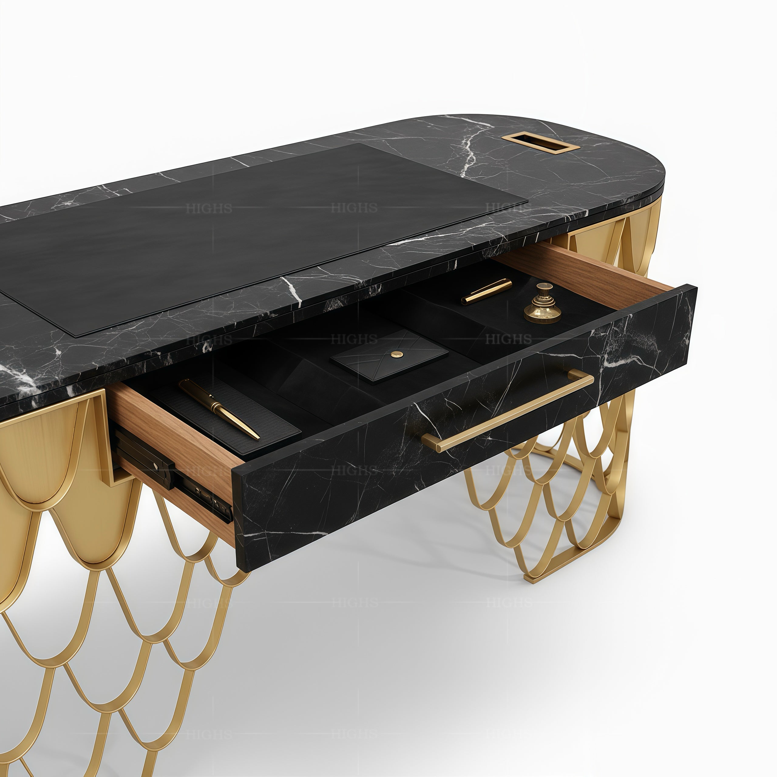 Luxurious desk with golden fish scale design