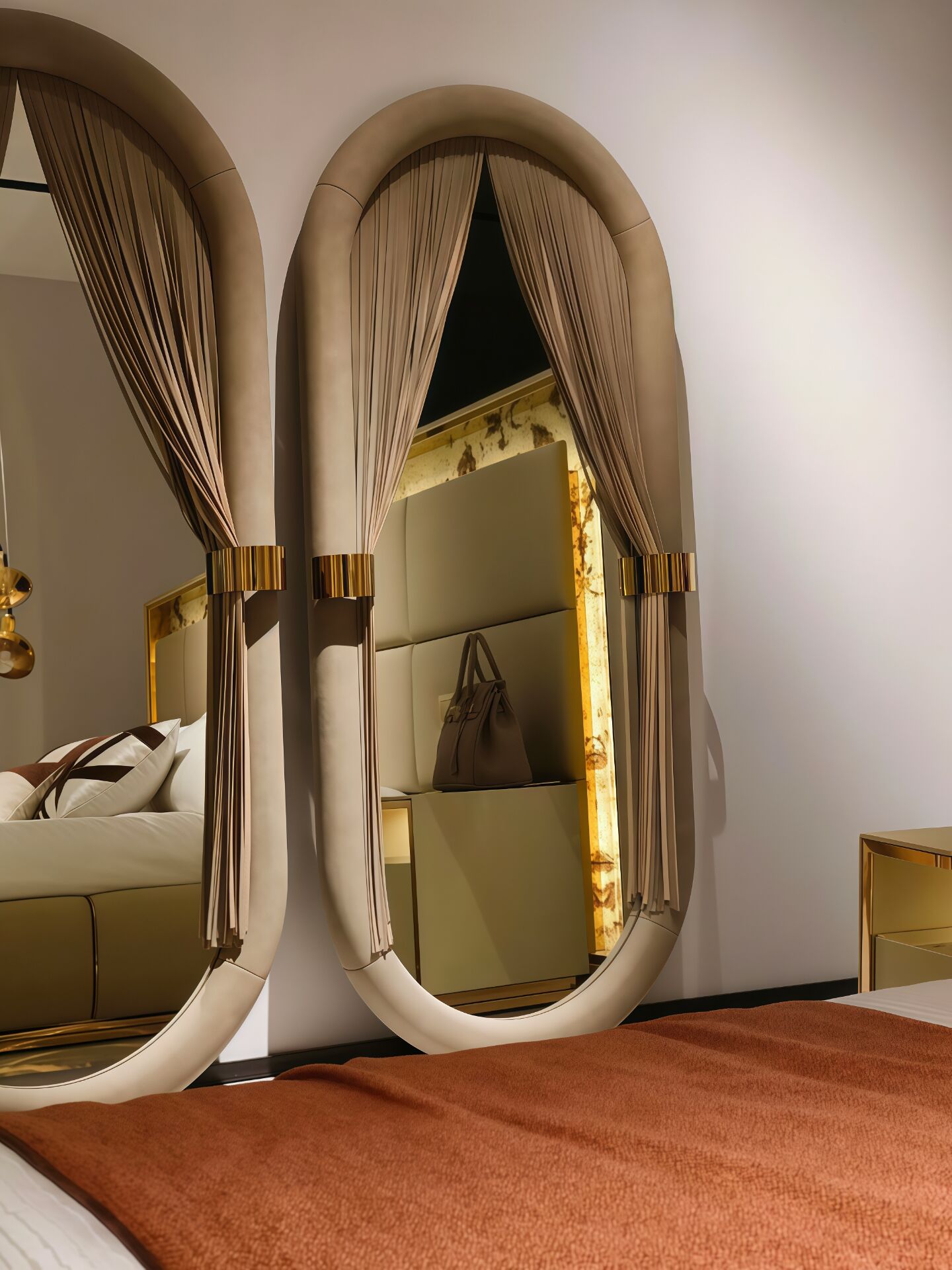 Blanche Artistic Leather Oval Shape Solid Wood Decorative Mirror