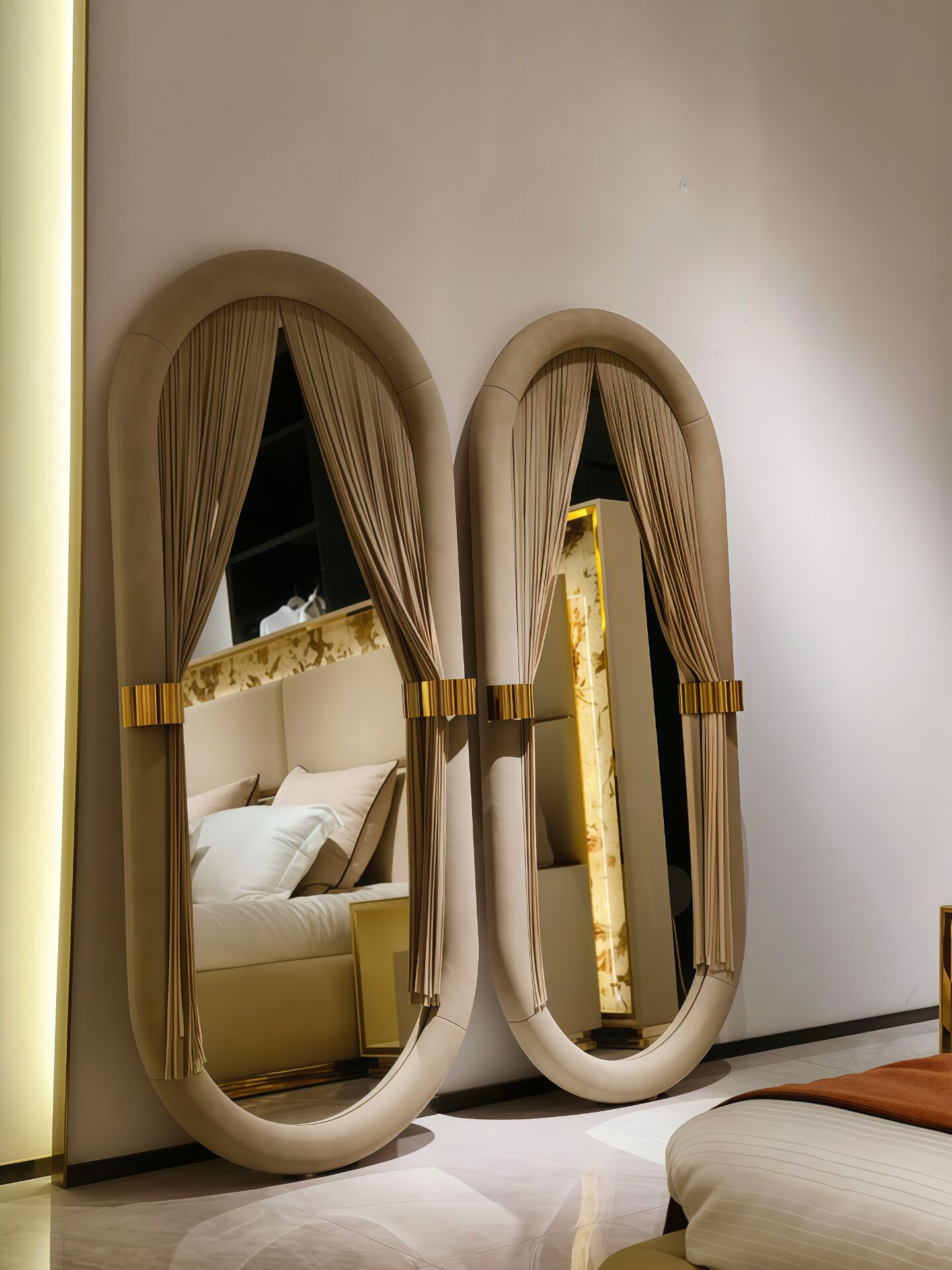 Blanche Artistic Leather Oval Shape Solid Wood Decorative Mirror