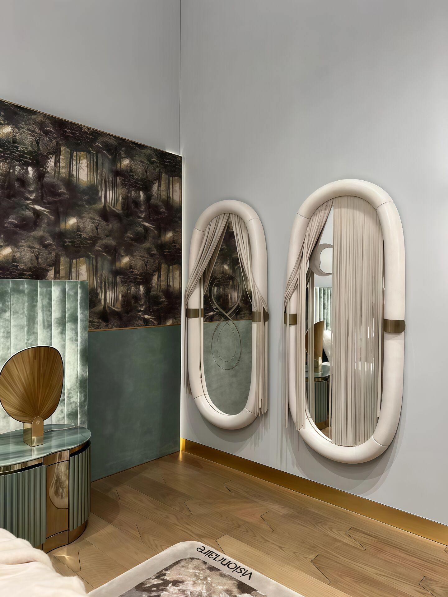 Blanche Artistic Leather Oval Shape Solid Wood Decorative Mirror