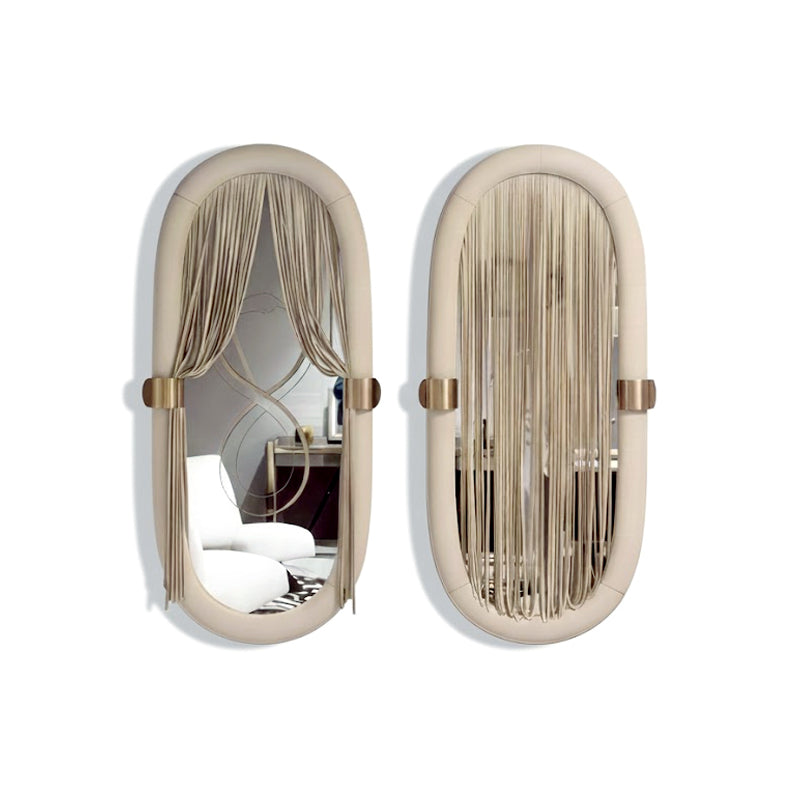 Blanche Artistic Leather Oval Shape Solid Wood Decorative Mirror