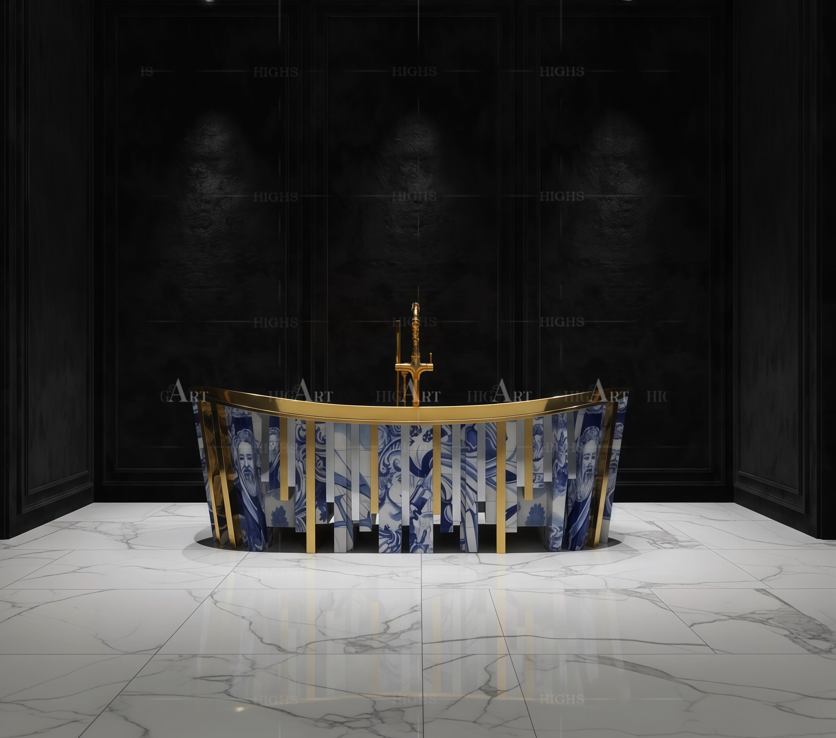Blue and white porcelain luxury bathtub Unique hand-painted textures