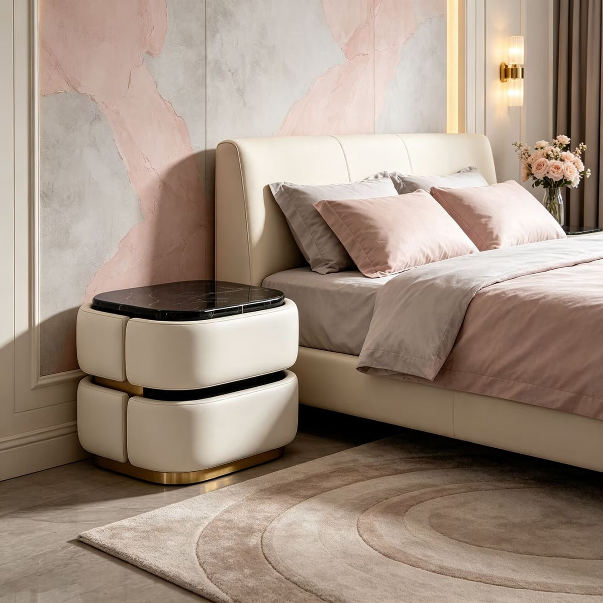 Bradley Villa Bedroom Italian Art Leather Natural Marble Bedside Table