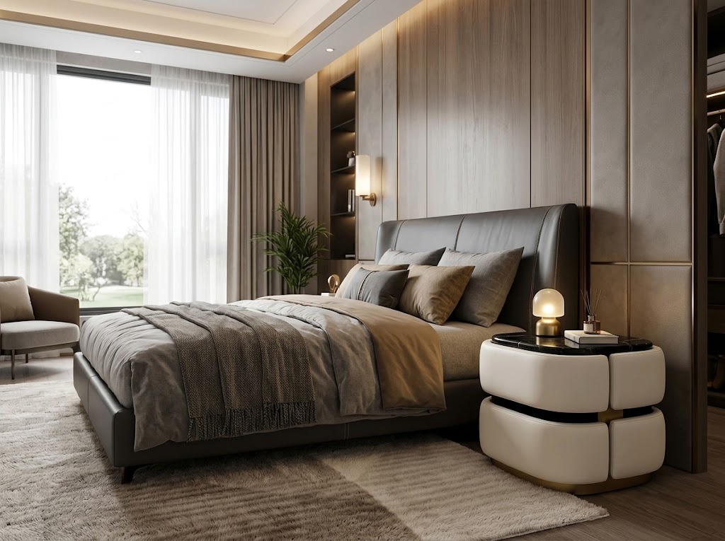 Bradley Villa Bedroom Italian Art Leather Natural Marble Bedside Table