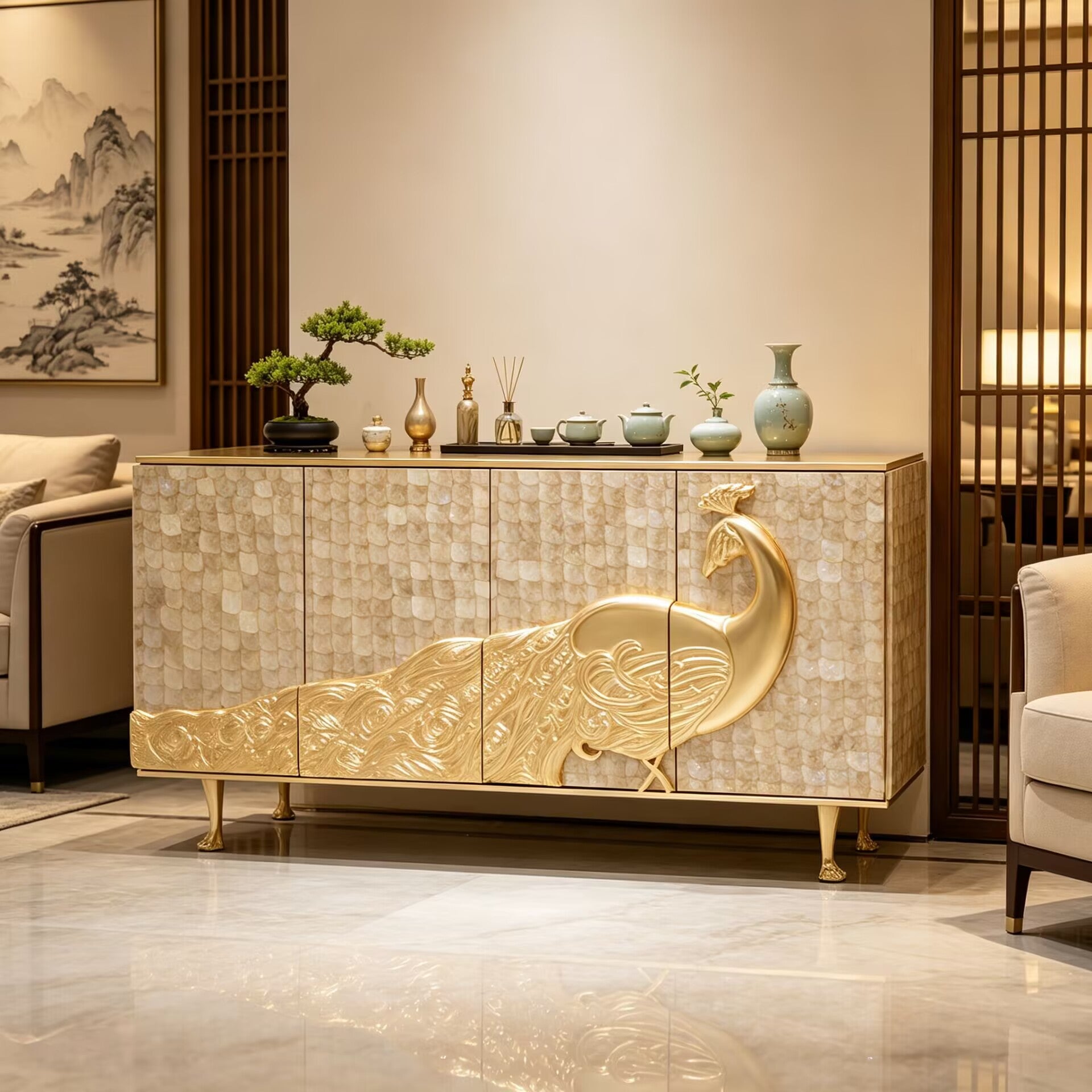 Camilia Luxurious Designer Fritillaria Unique Carving Metal Sideboard