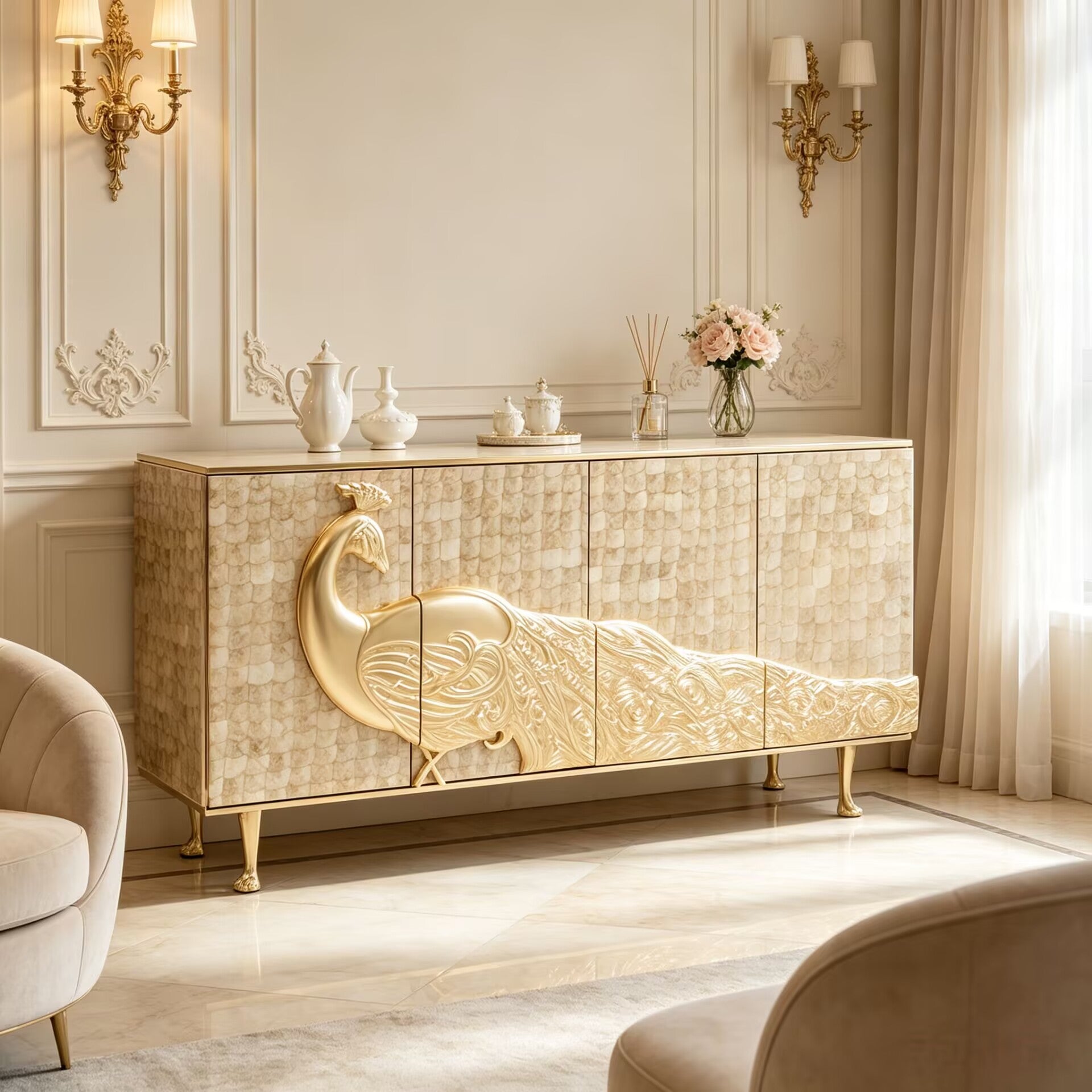 Camilia Luxurious Designer Fritillaria Unique Carving Metal Sideboard
