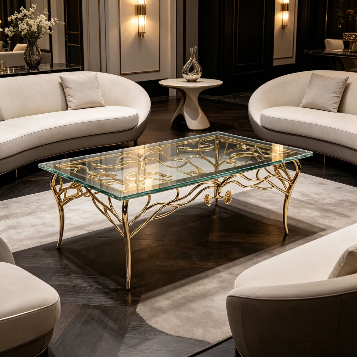 Upscale Designer Metal Carved Glass Customize Coffee Table
