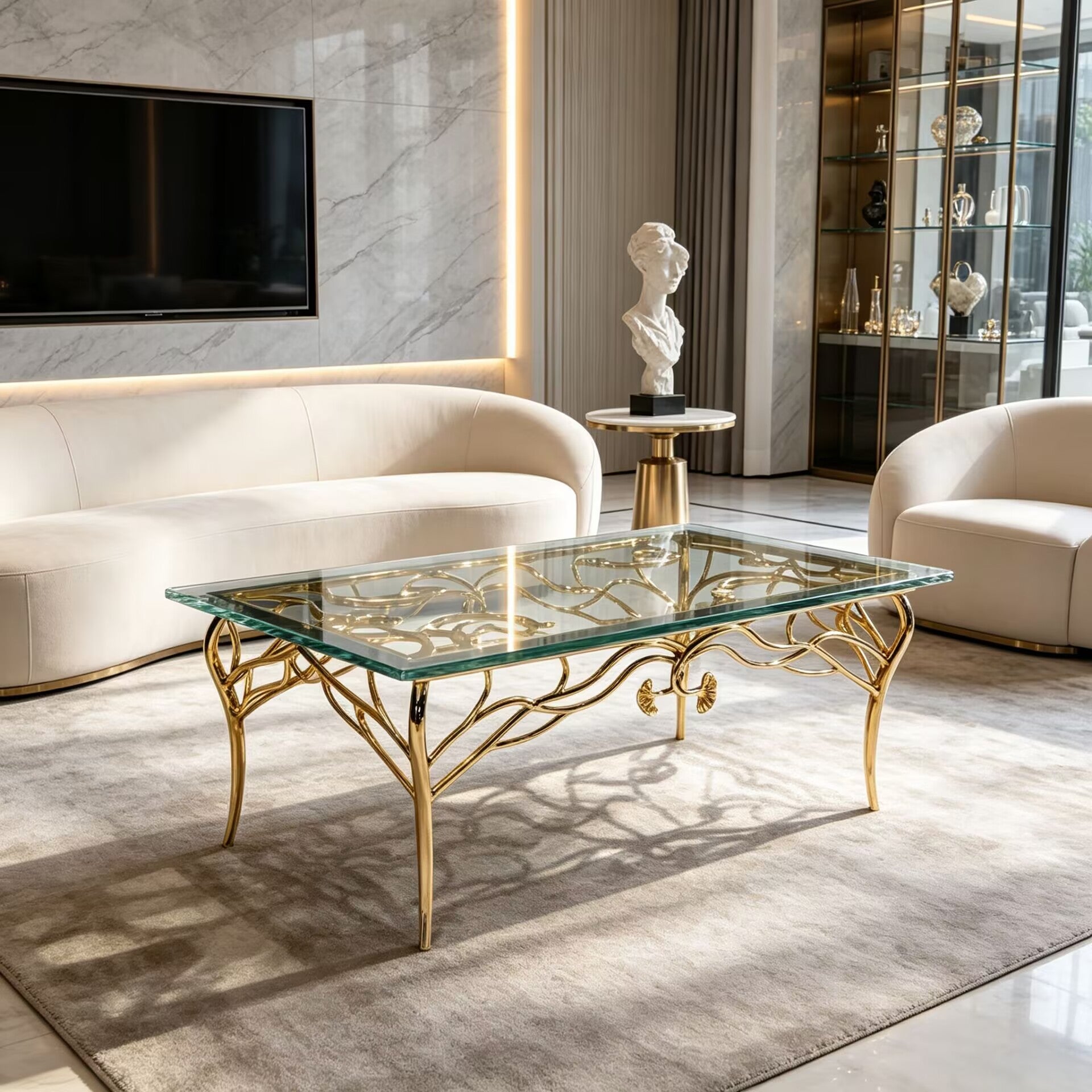 Upscale Designer Metal Carved Glass Customize Coffee Table