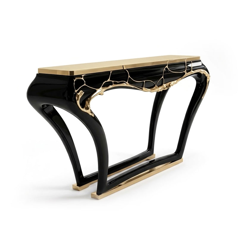 High Quality Luxurious Black Lacquered Solid Wood Metal Console