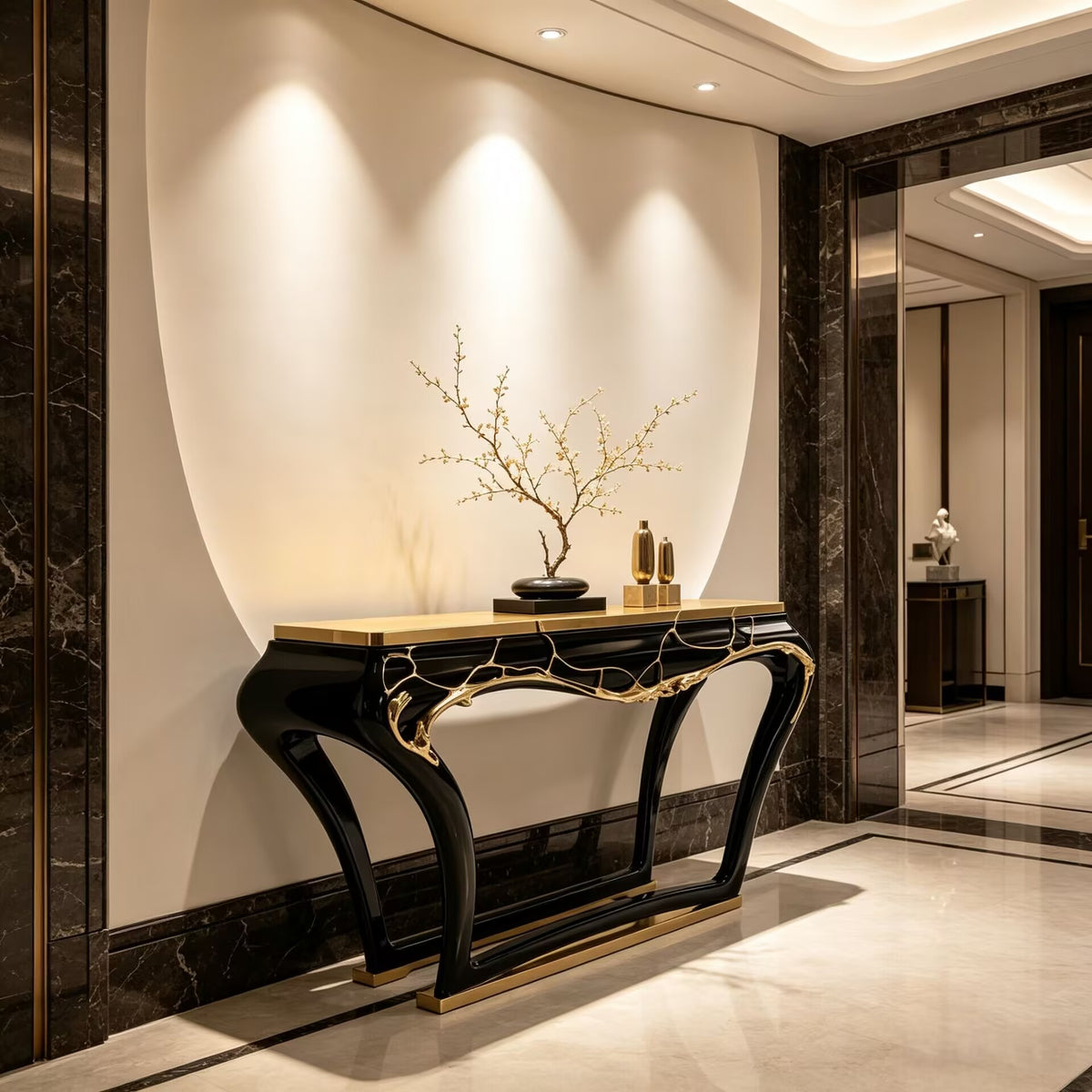 High Quality Luxurious Black Lacquered Solid Wood Metal Console