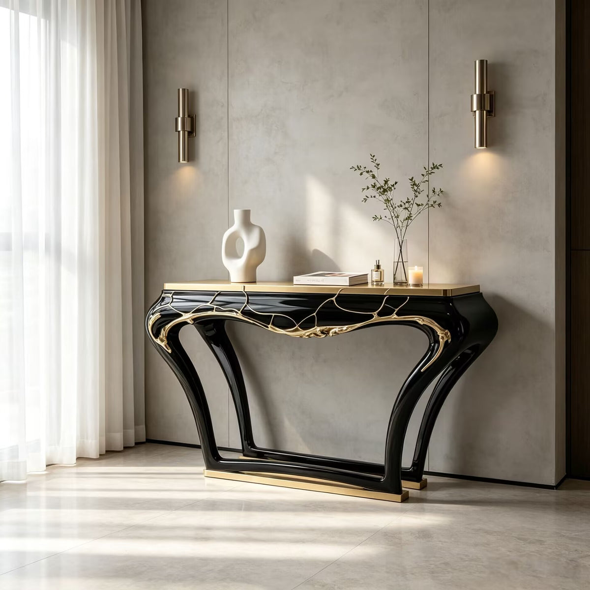High Quality Luxurious Black Lacquered Solid Wood Metal Console