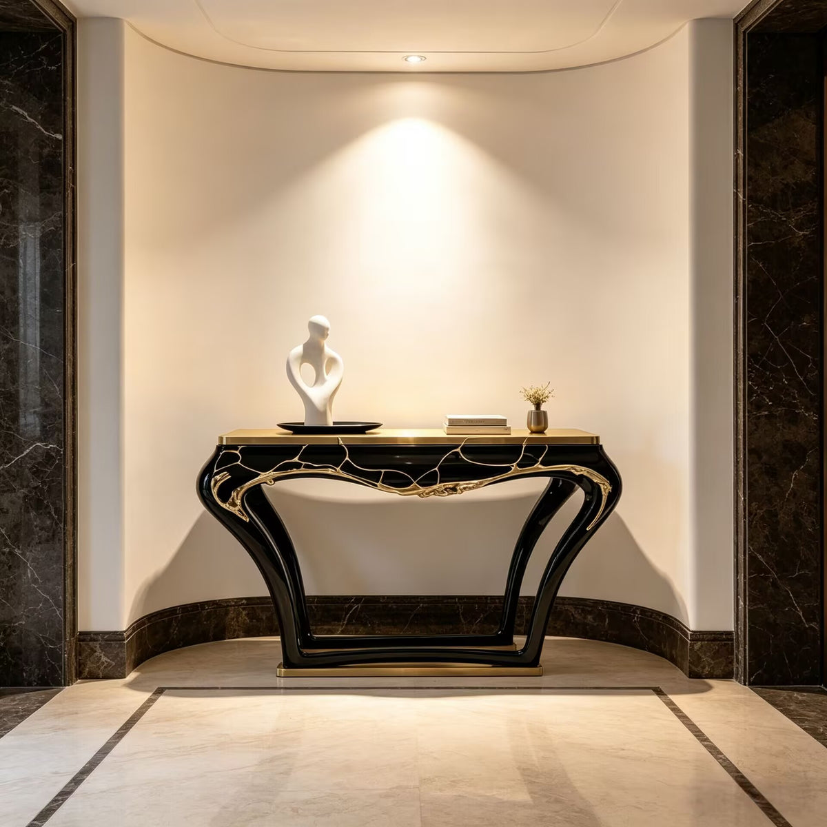 High Quality Luxurious Black Lacquered Solid Wood Metal Console