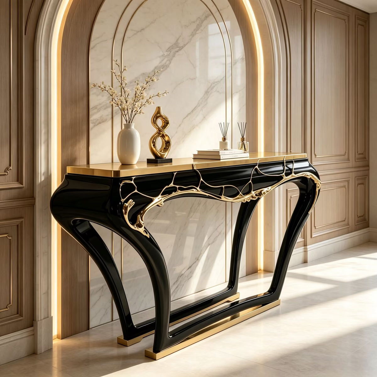 High Quality Luxurious Black Lacquered Solid Wood Metal Console