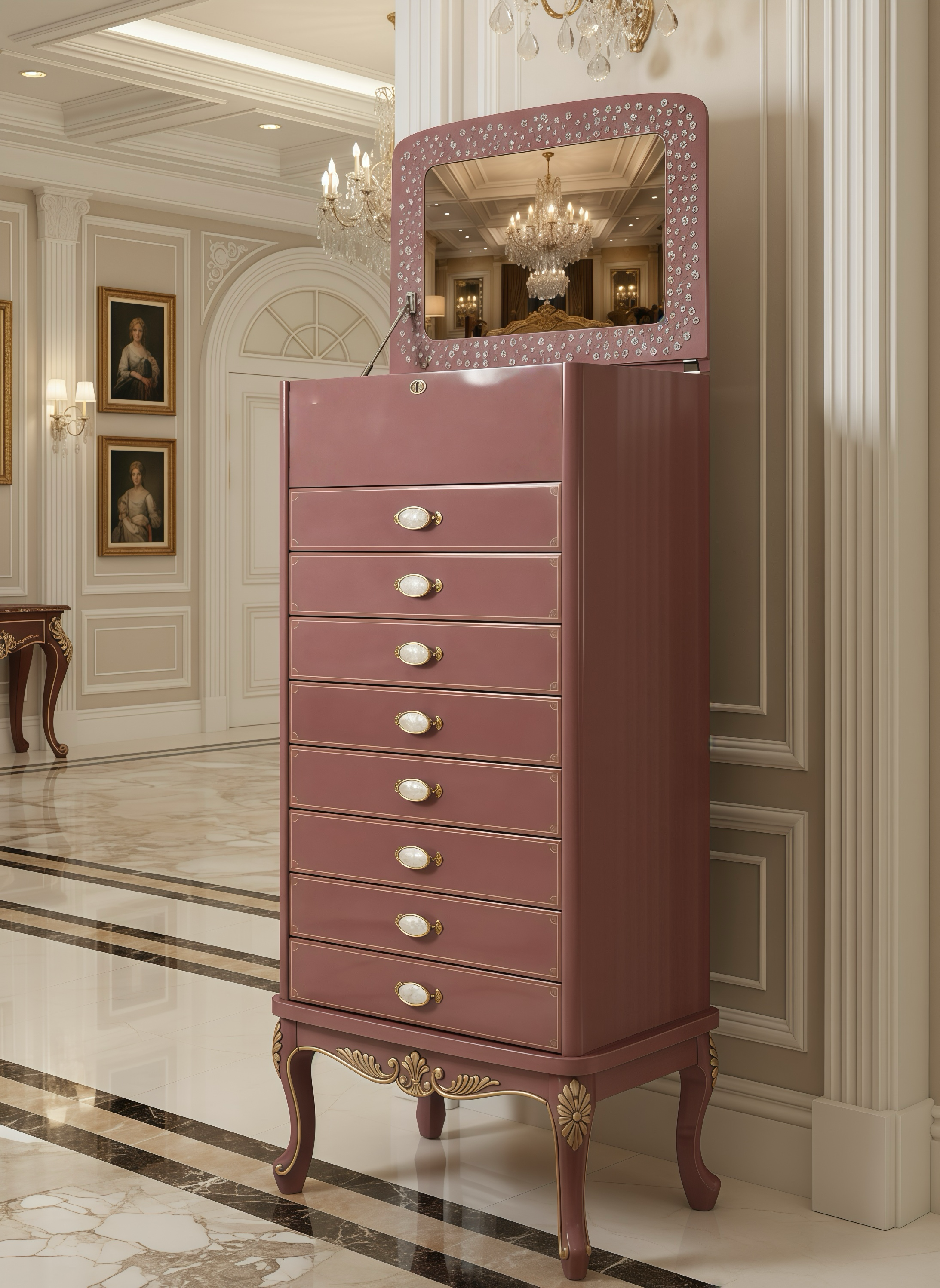 Italian design pink crystal jewelry cabinet