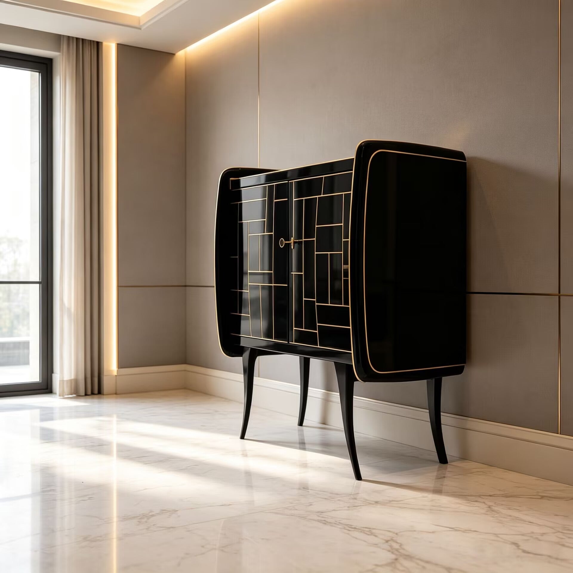 Villa Living Room High Quality Simple Solid Wood Black Gold Cupboard