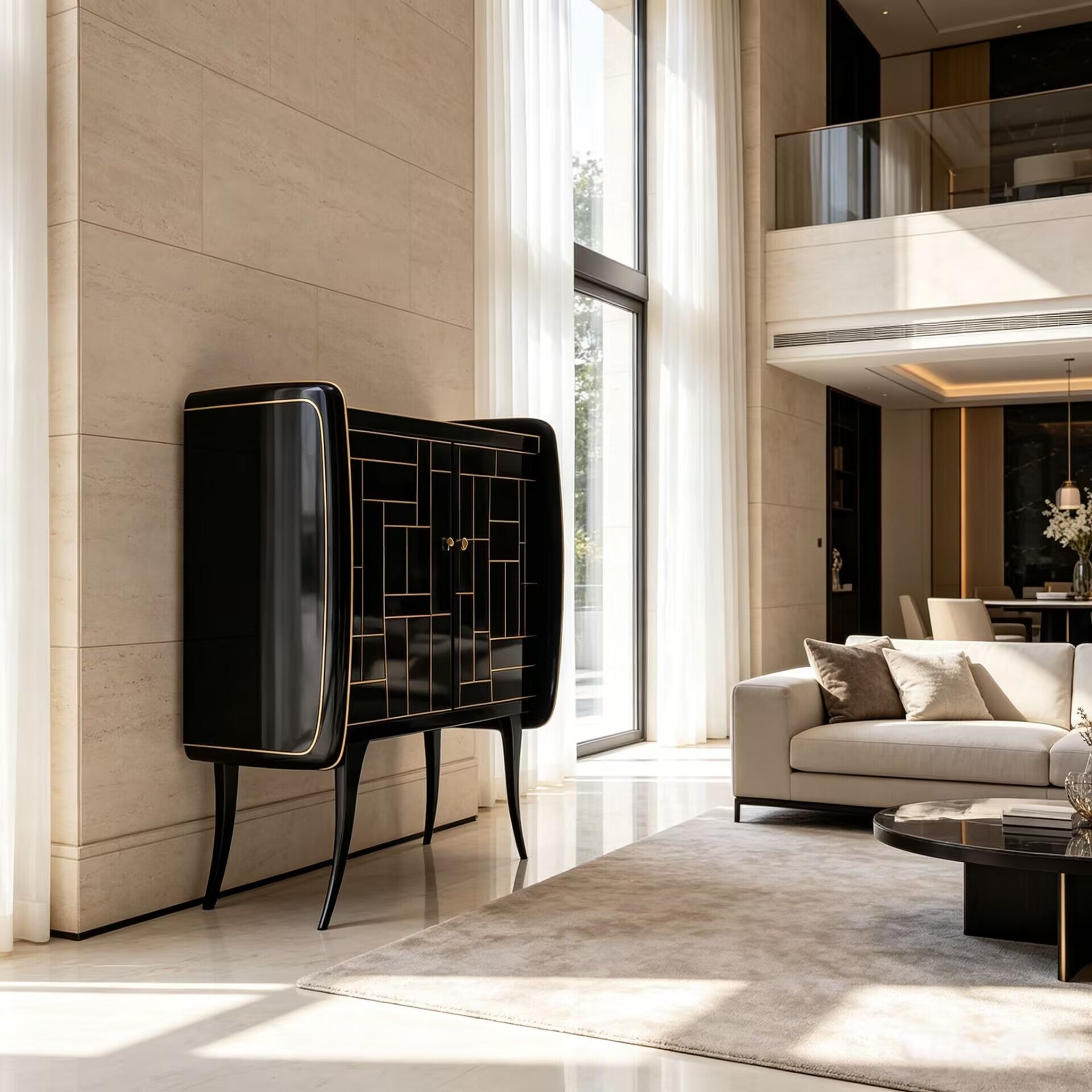 Villa Living Room High Quality Simple Solid Wood Black Gold Cupboard