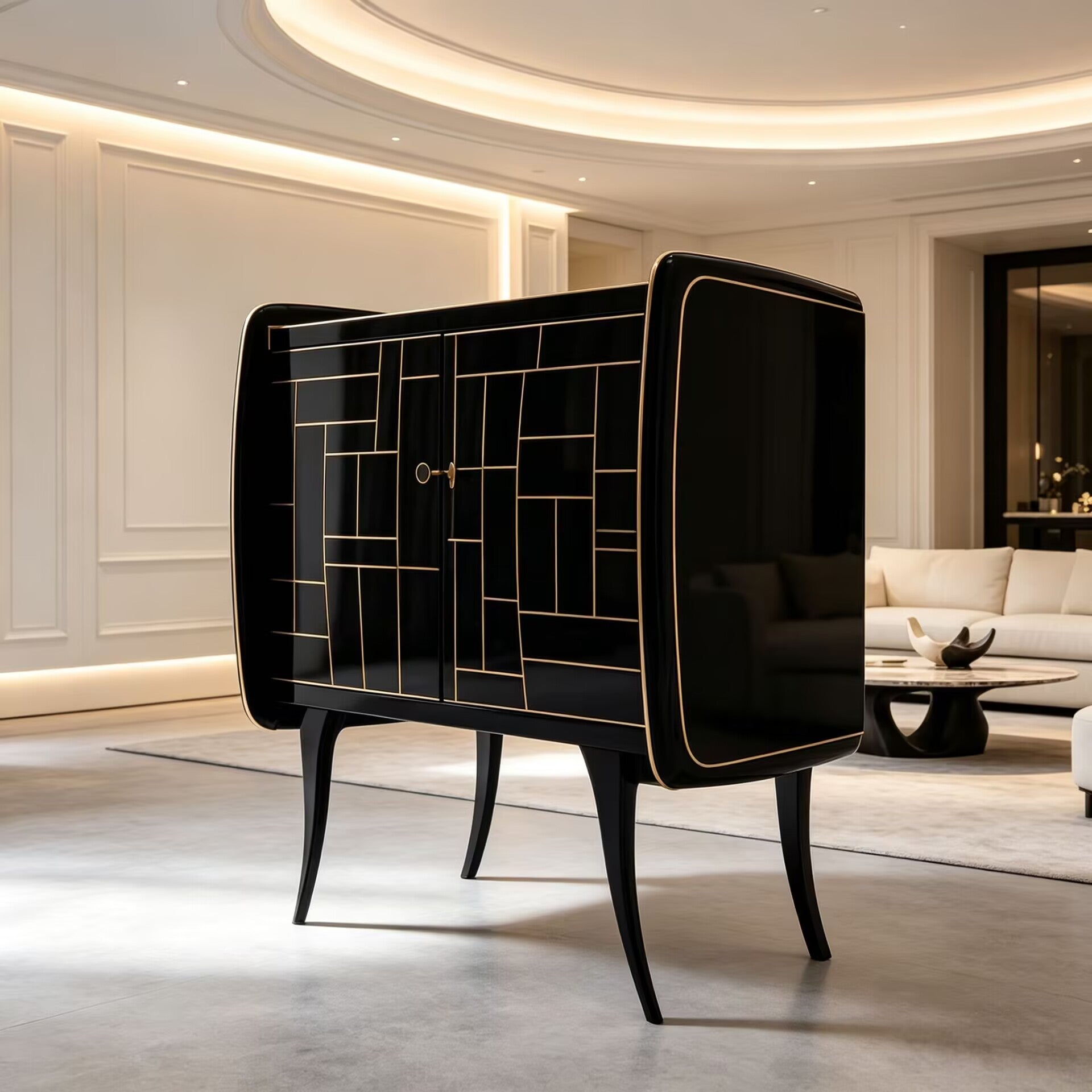 Villa Living Room High Quality Simple Solid Wood Black Gold Cupboard