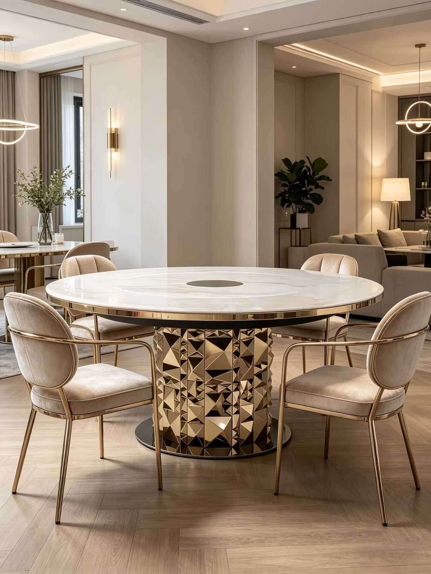 Luxurious Designer Metal High-End Marble Round Dining Table