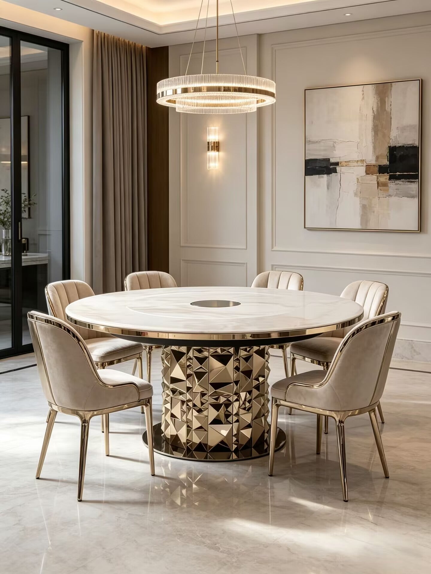 Luxurious Designer Metal High-End Marble Round Dining Table