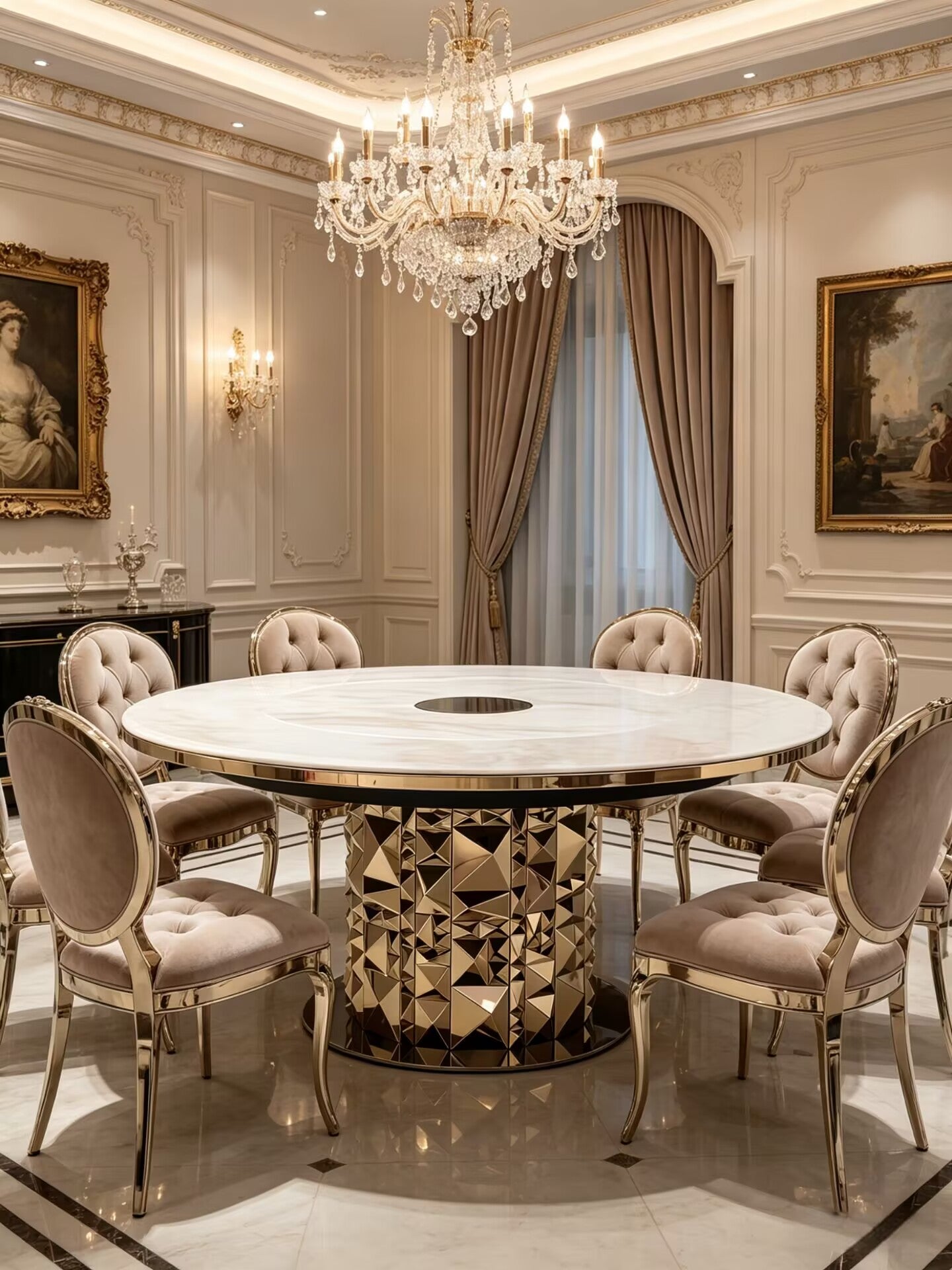Luxurious Designer Metal High-End Marble Round Dining Table