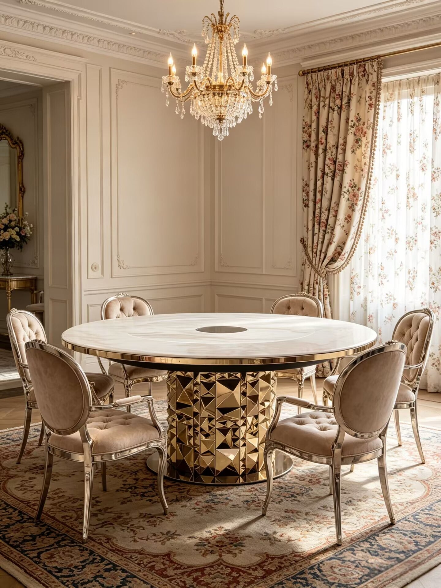 Luxurious Designer Metal High-End Marble Round Dining Table