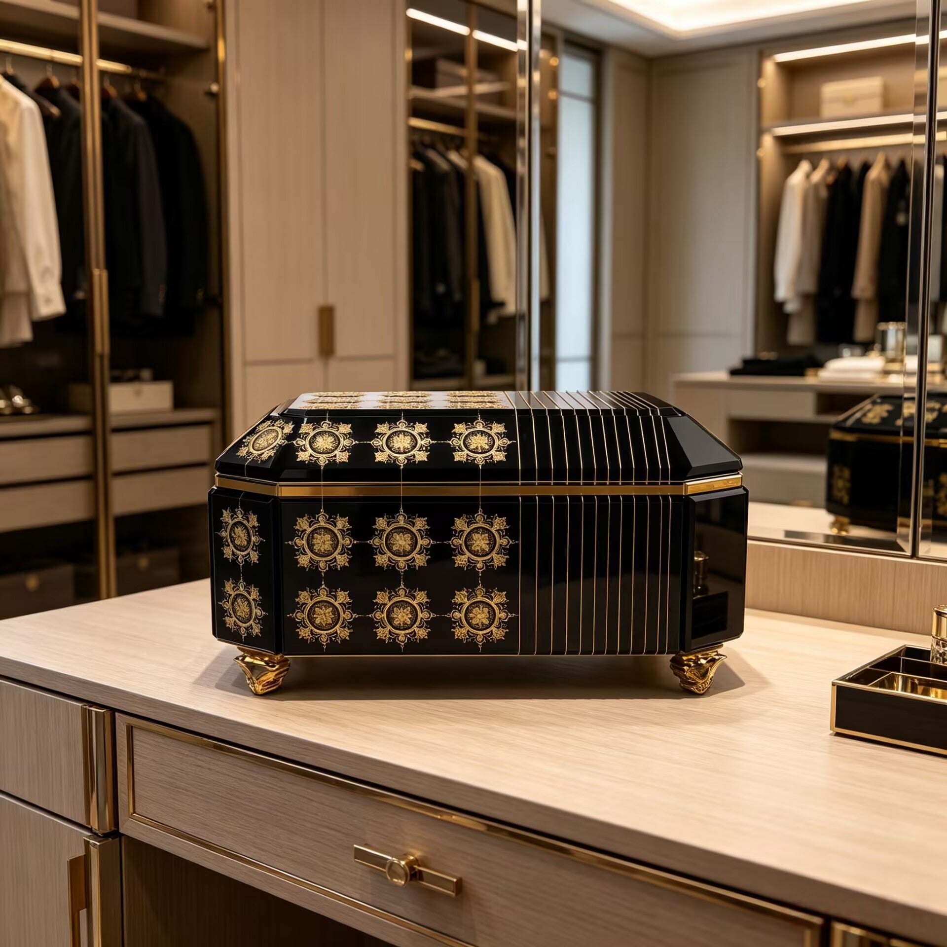 Filigree High Quality Luxurious Designer Black Gold Jewelry Cabinet