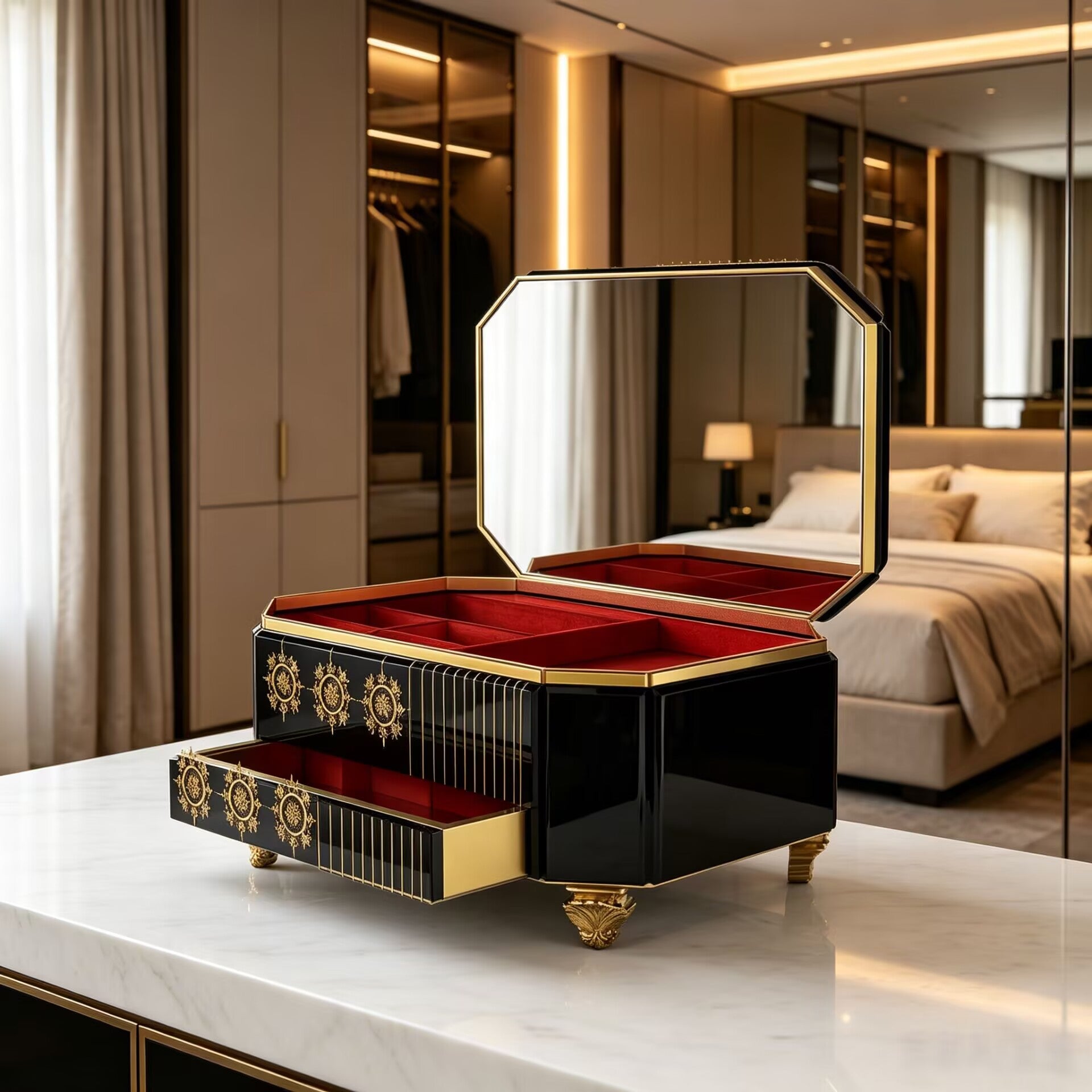 Filigree High Quality Luxurious Designer Black Gold Jewelry Cabinet