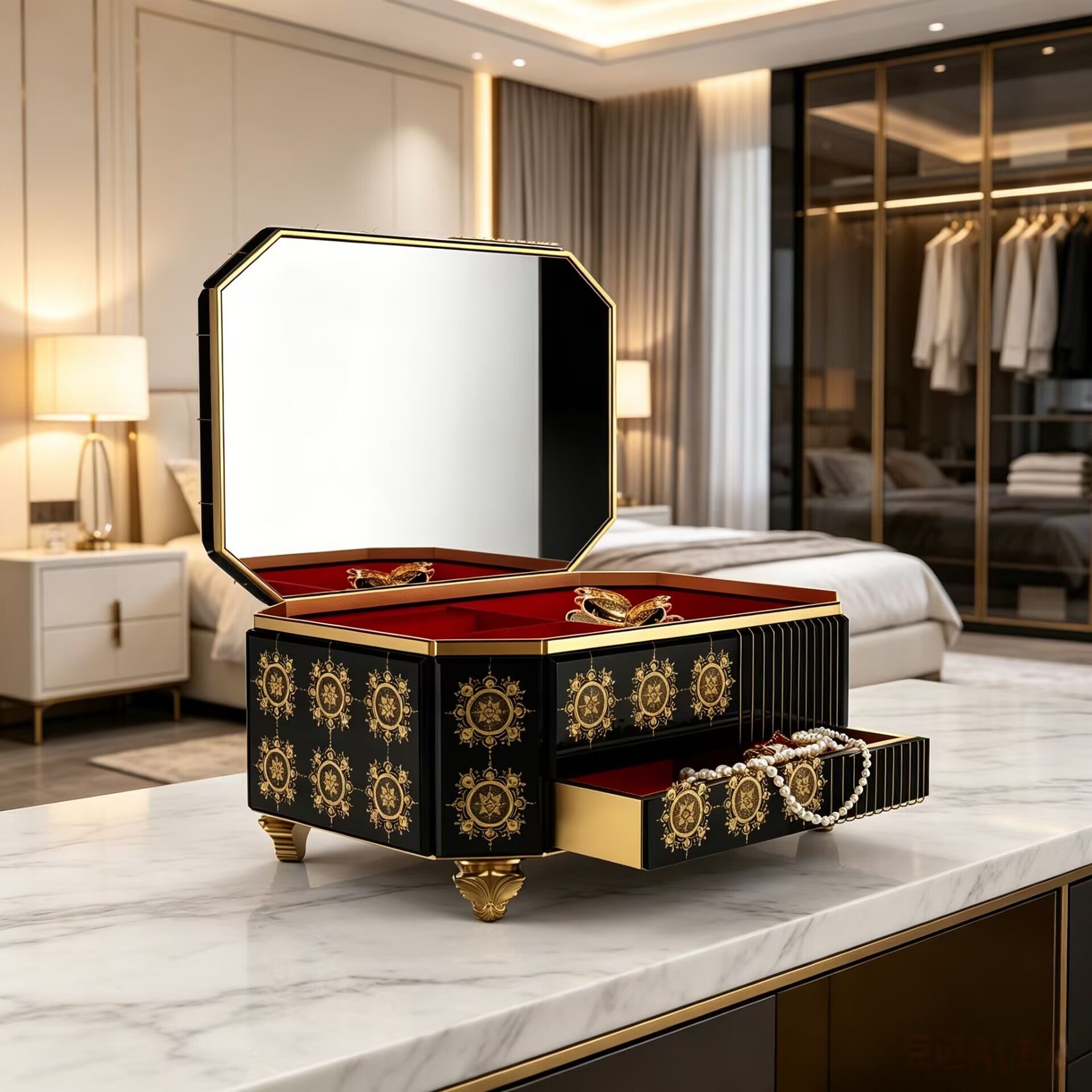 Filigree High Quality Luxurious Designer Black Gold Jewelry Cabinet