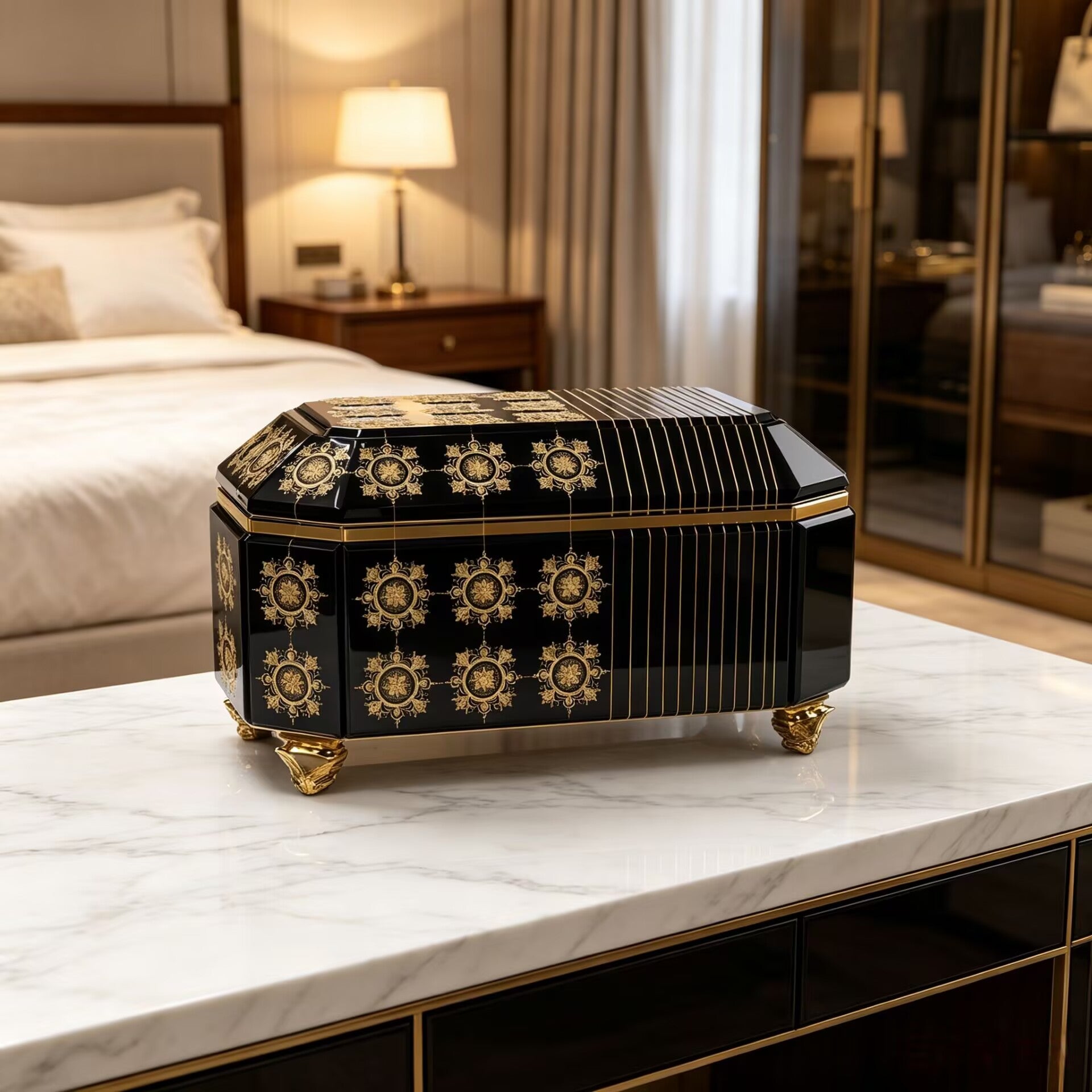 Filigree High Quality Luxurious Designer Black Gold Jewelry Cabinet