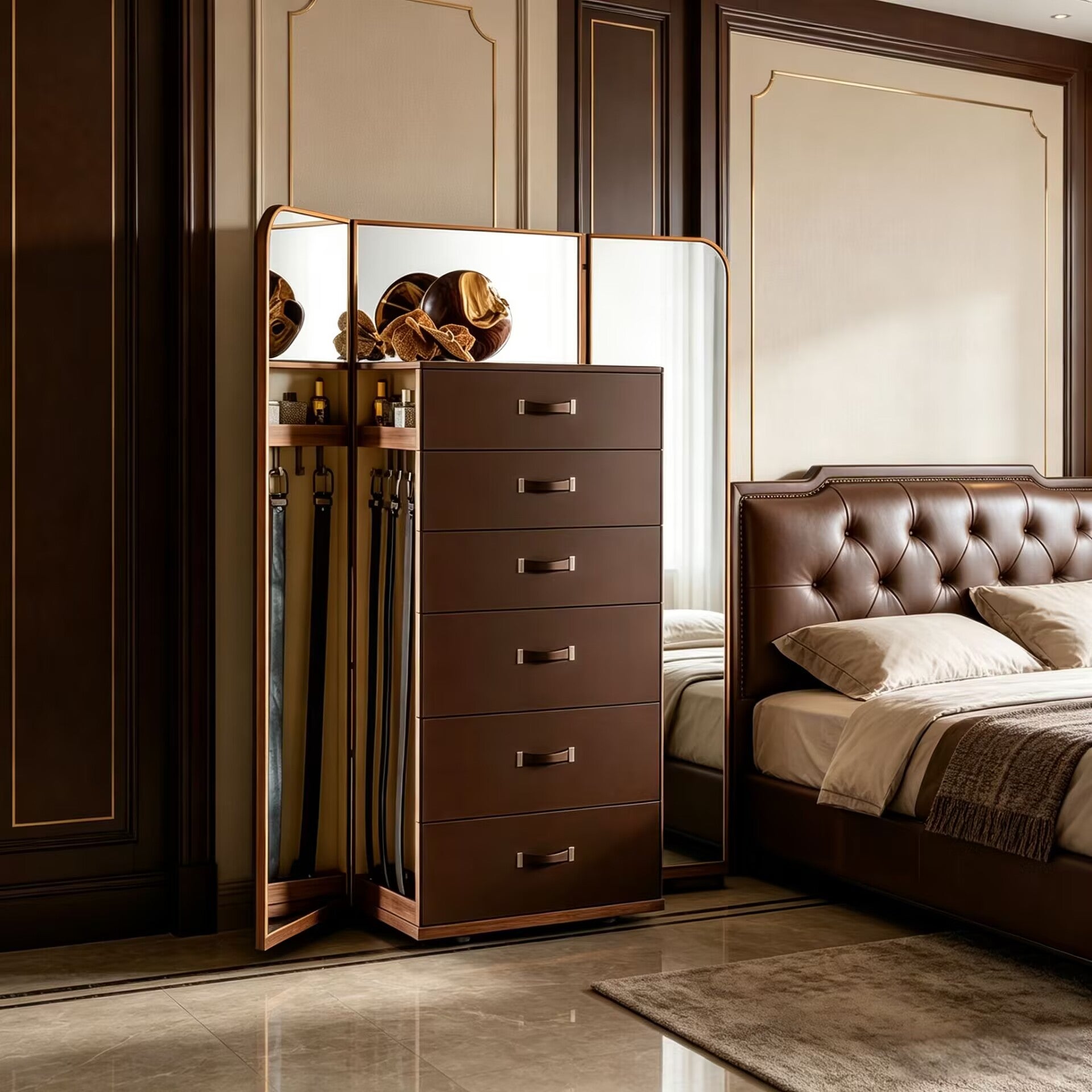 Giano Italian Villa Bedroom Art Solid Wood Leather Storage Cabinet