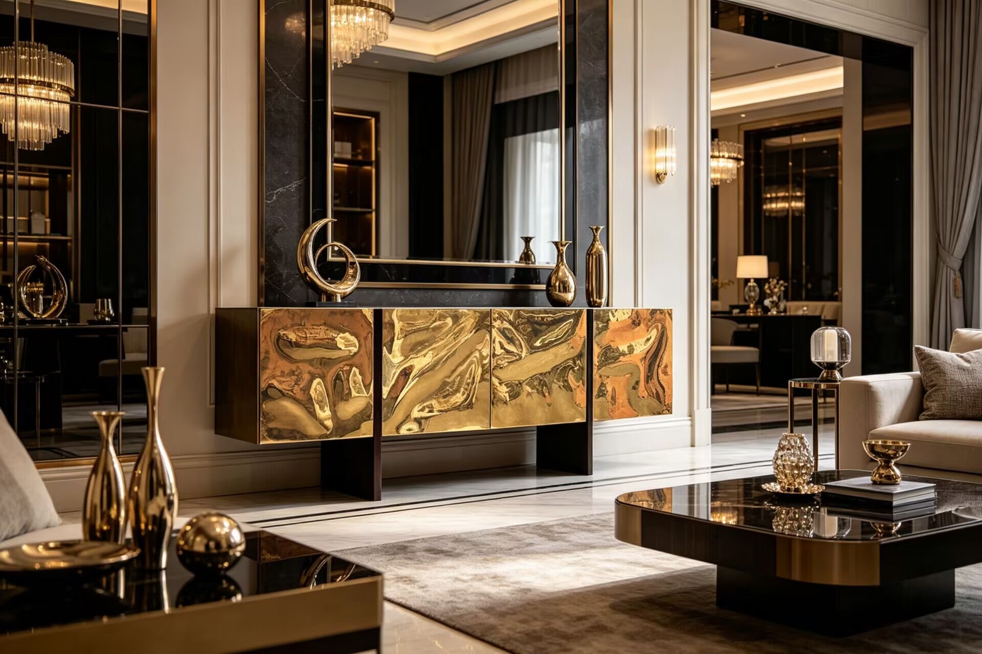 H20 Ebonized High Quality Unique Simple Solid Wood Brass Sideboard